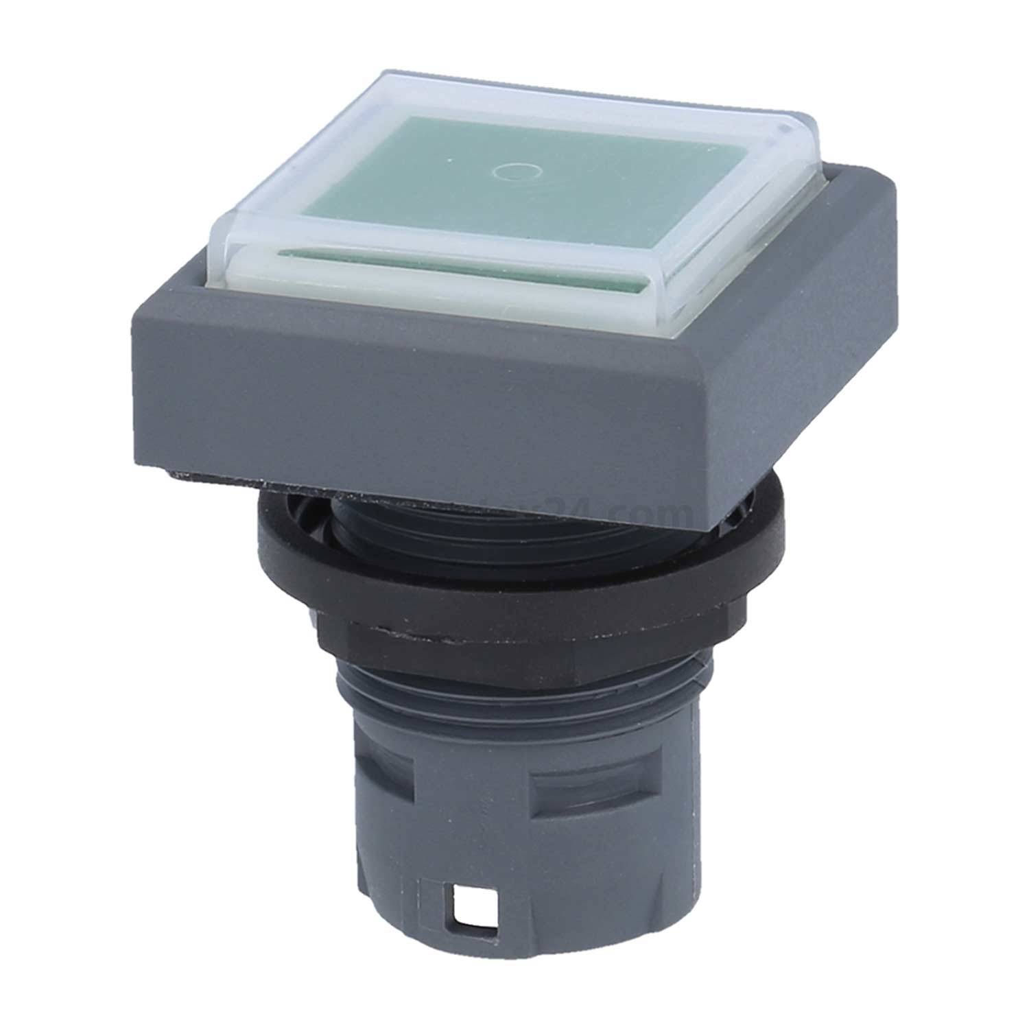 Ein quadratischer, grauer Druckknopfschalter mit einer transluzenten, lichtaktivierenden Oberfläche und einer kreisförmigen Basis, der zur Steuerung elektronischer Geräte verwendet wird.