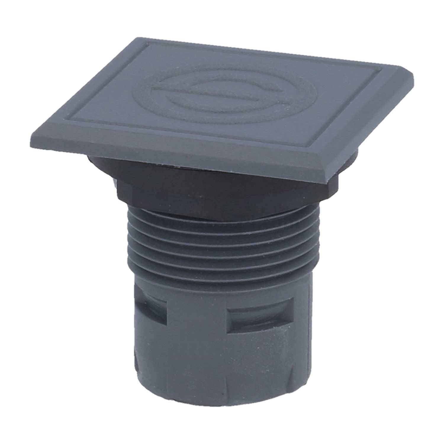 Eine quadratische, schwarze Abflussabdeckung mit einem kreisförmigen Muster auf der Oberseite, die an einer zylindrischen schwarzen Basis befestigt ist.