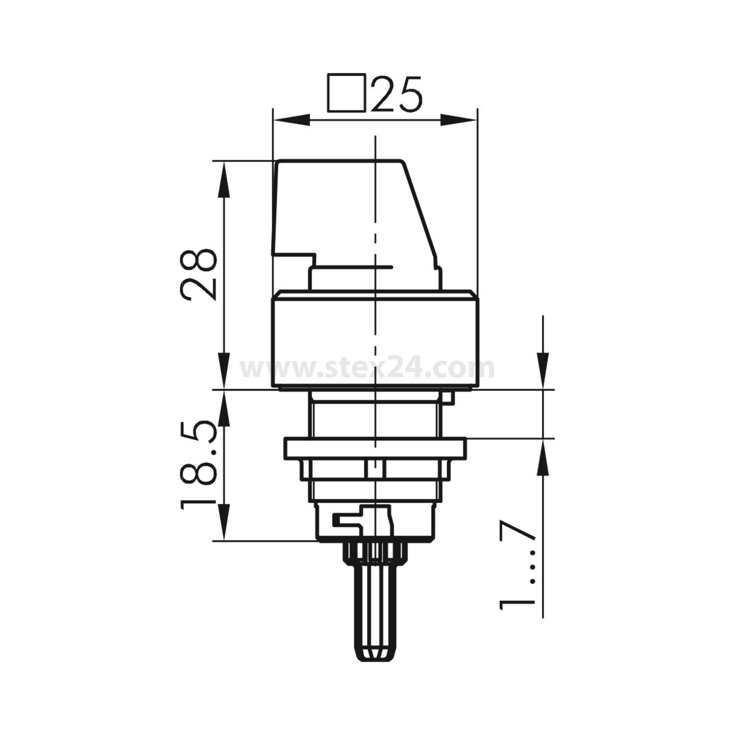 Technische Zeichnung einer mechanischen Komponente mit Maßangaben: Breite 25 mm, Höhe 28 mm, unterer Abschnitt 18,5 mm und 1,7 mm Nut.
