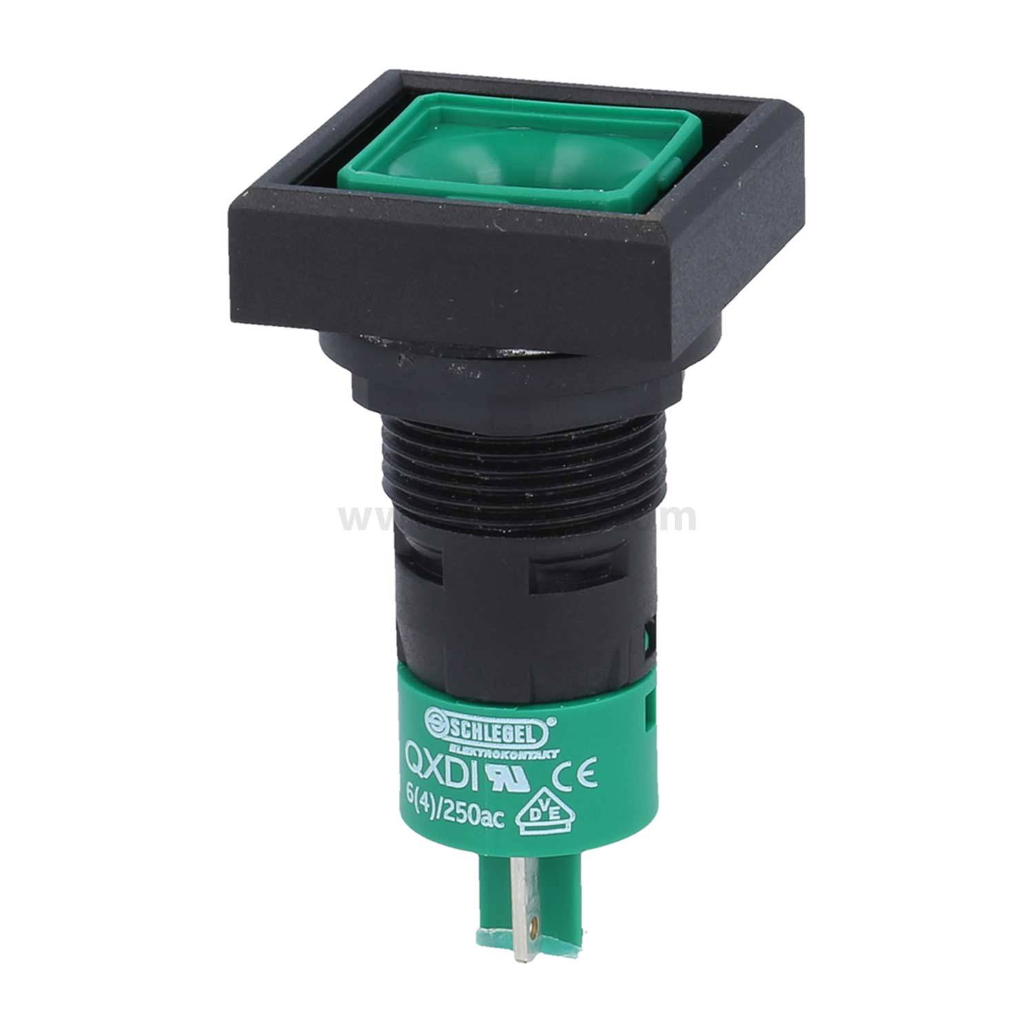 Grüner Druckschalter mit schwarzem quadratischem Gehäuse und zylindrischer Basis. Markierungen zeigen das Modell: QX1, 250V, mit CE-Zertifizierung.