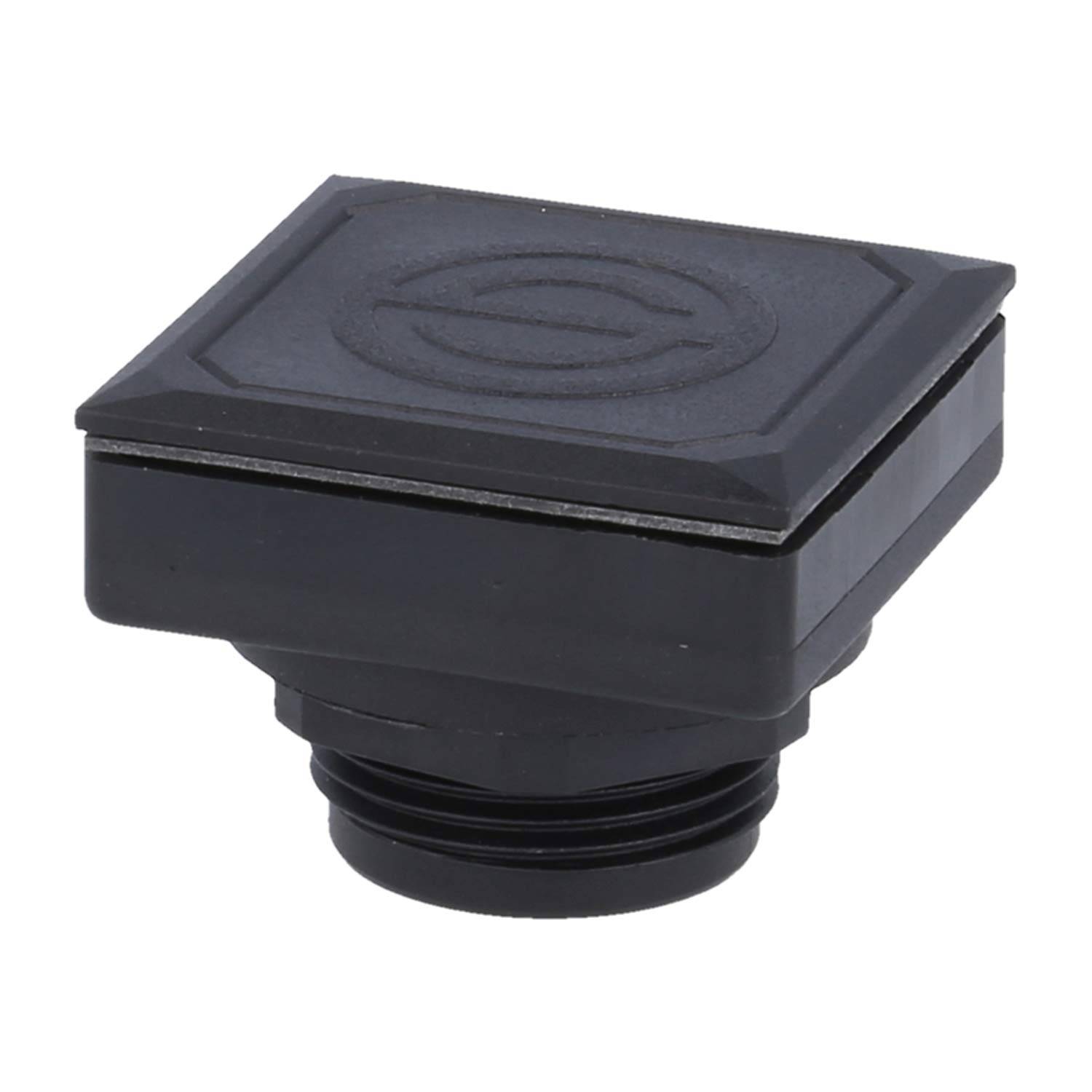Eine schwarze, quadratische Kunststoffkappe mit gerilltem Design auf der Oberseite und Gewinde am unteren Ende, die als Dichtungs- oder Verschlusskomponente für Behälter verwendet wird.