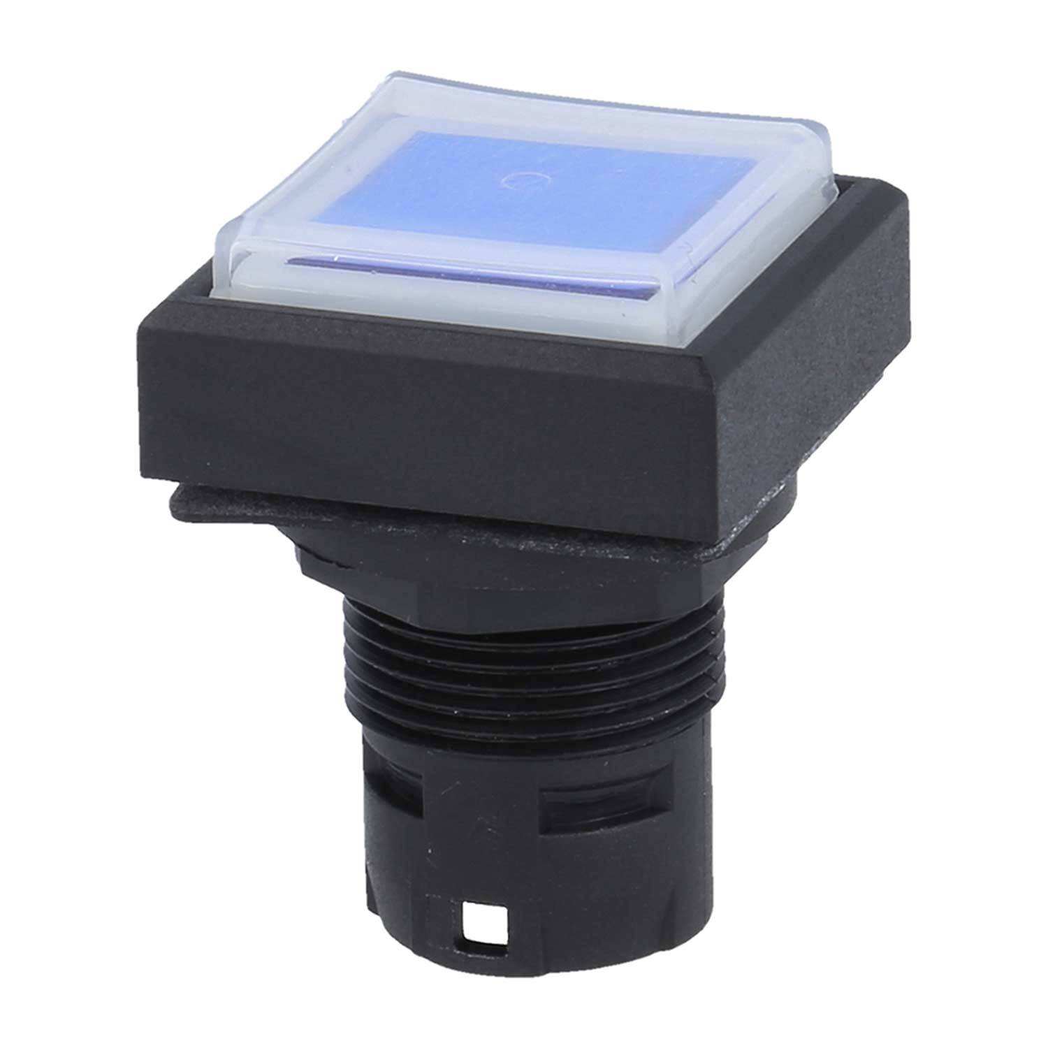 Ein blauer quadratischer Drucktastenschalter mit schwarzem Gehäuse, zum Einbau auf Bedienfeldern geeignet.