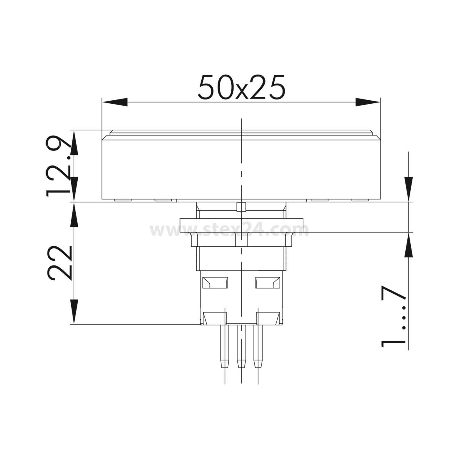 Technische Zeichnung eines rechteckigen Knopfes mit Abmessungen: 50x25 mm Fläche, 12,9 mm von Fläche zur Basis und gesamter Höhenbereich von 1 bis 7 mm.