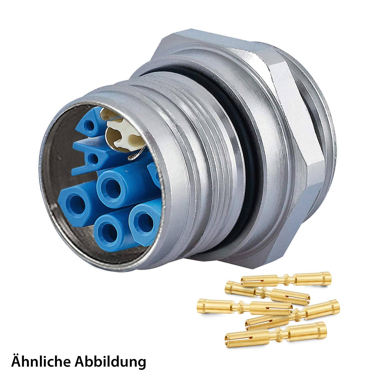Ein metallischer zylindrischer Verbinder mit mehreren blauen Innenkomponenten, begleitet von mehreren kurzen Goldstiften.