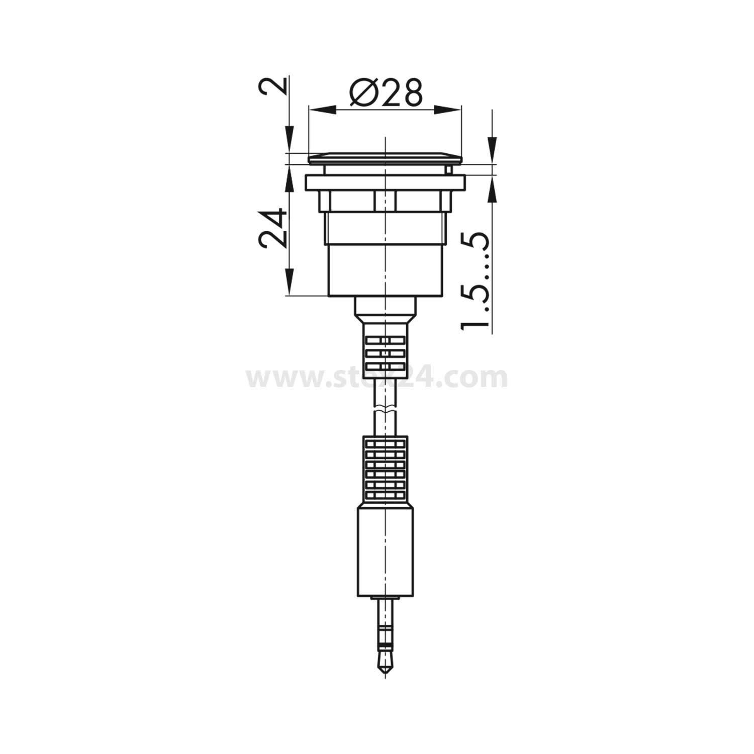 Technische Zeichnung eines Kopfhörerbuchsenanschlusses mit Abmessungen: Durchmesser 28 mm, Höhe 24 mm und Stiftlänge 15,5 mm.