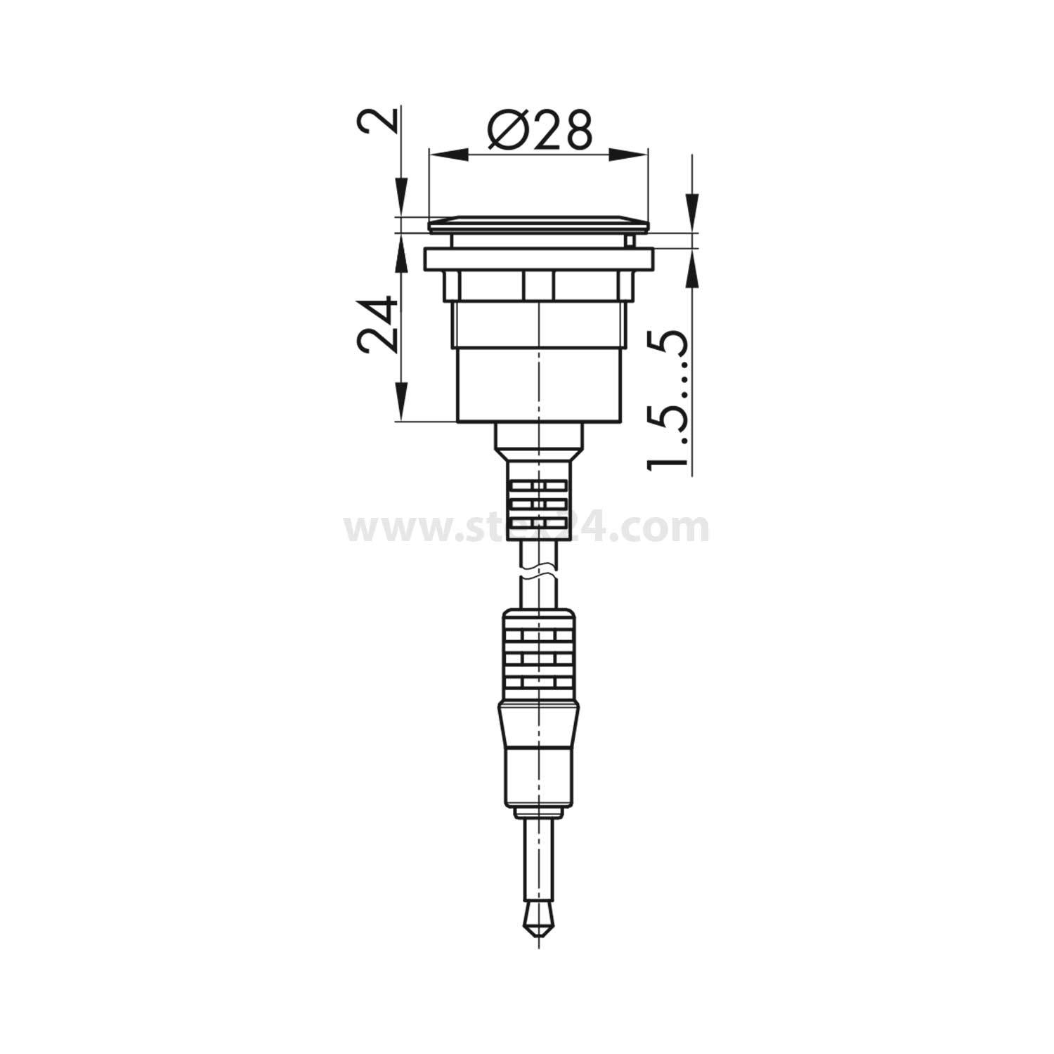 Technische Zeichnung einer Klinkenbuchse mit hervorgehobenen Abmessungen: 28 mm Durchmesser, 24 mm Höhe, Bereich von 1,5-5 mm.