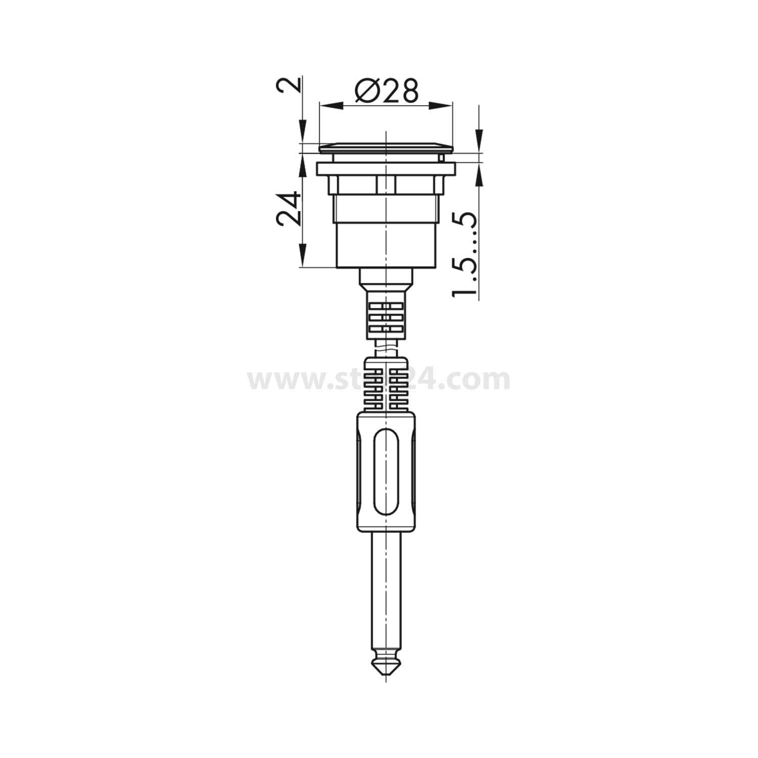 Eine technische Zeichnung eines zylindrischen Steckverbinders mit einem Durchmesser von 28 mm und einer Höhe von 24 mm, mit einer 1,5 mm Spitze.