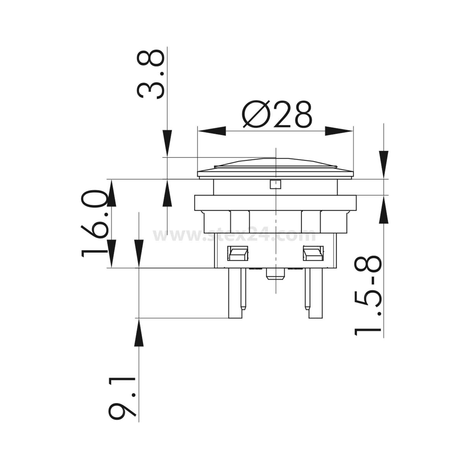 Schalterskizze eines runden Tastschalters mit Maßen: Durchmesser 28 mm, Höhe 16 mm und Tiefe 9,1 mm; Ausschnittgröße für Einbau 3,8 mm.