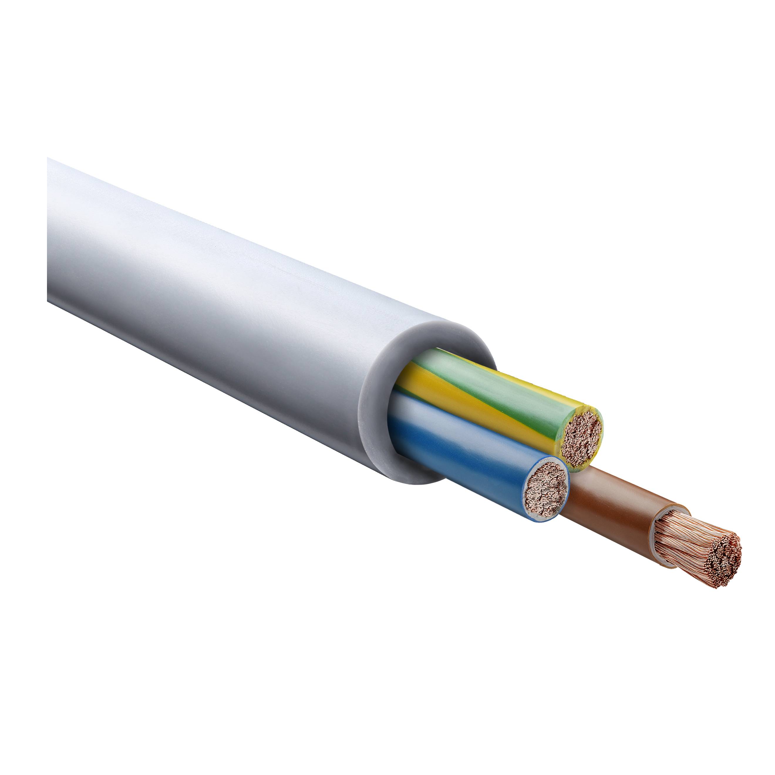 Elektrisches Kabel mit Querschnittsansicht, die drei Leitungen zeigt: blau, gelb-grün und braun, innerhalb einer weißen Isolierhülle.