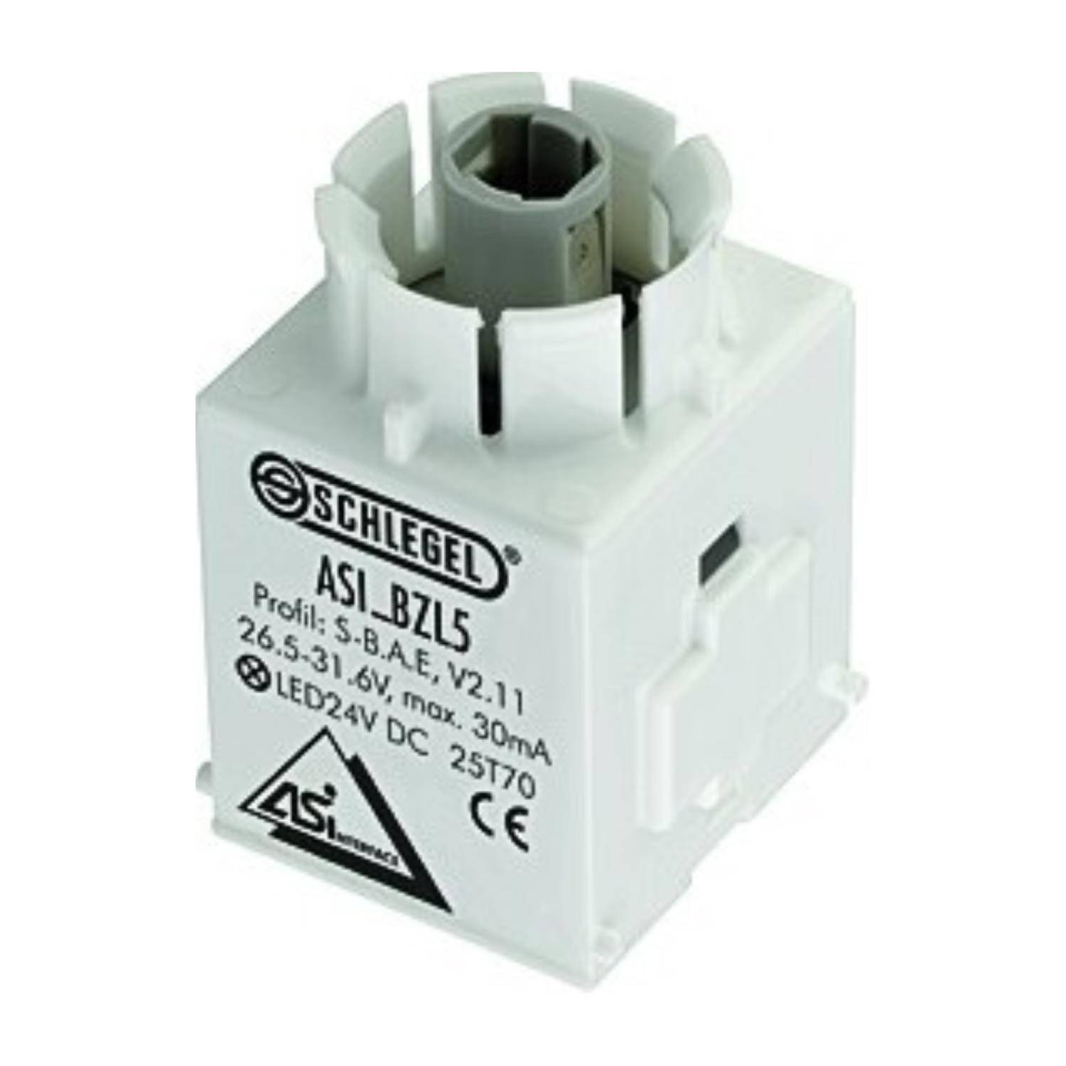 Ein weißes Schlegel ASI_BZL5 LED-Anzeigemodul, gekennzeichnet mit 6,3V, max. 30mA, Gleichstrom, mit CE und zugehörigen Sicherheitszertifizierungen.