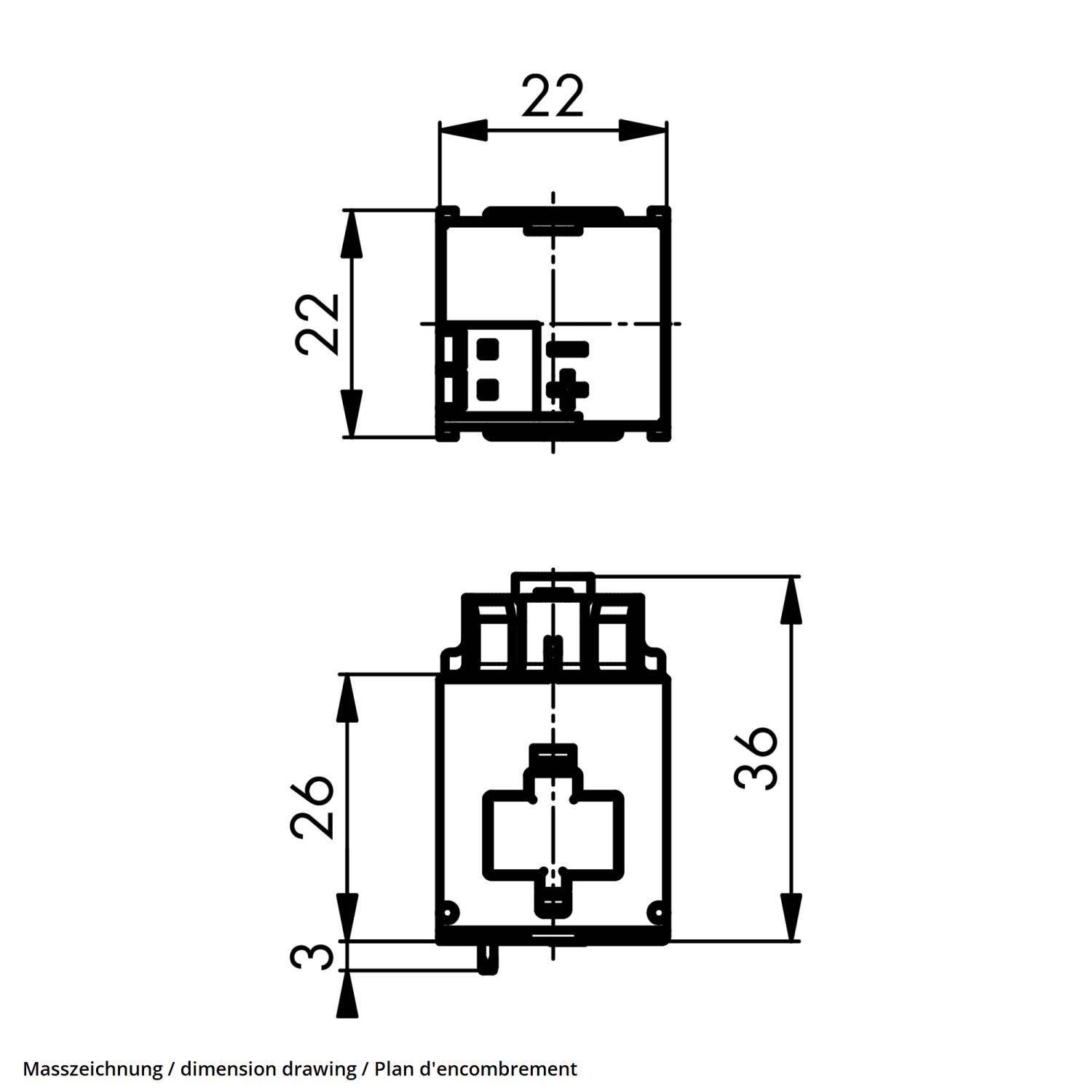 Dimensionszeichnung von zwei Komponenten mit Maßen: 22x22 und 26x36 Einheiten.