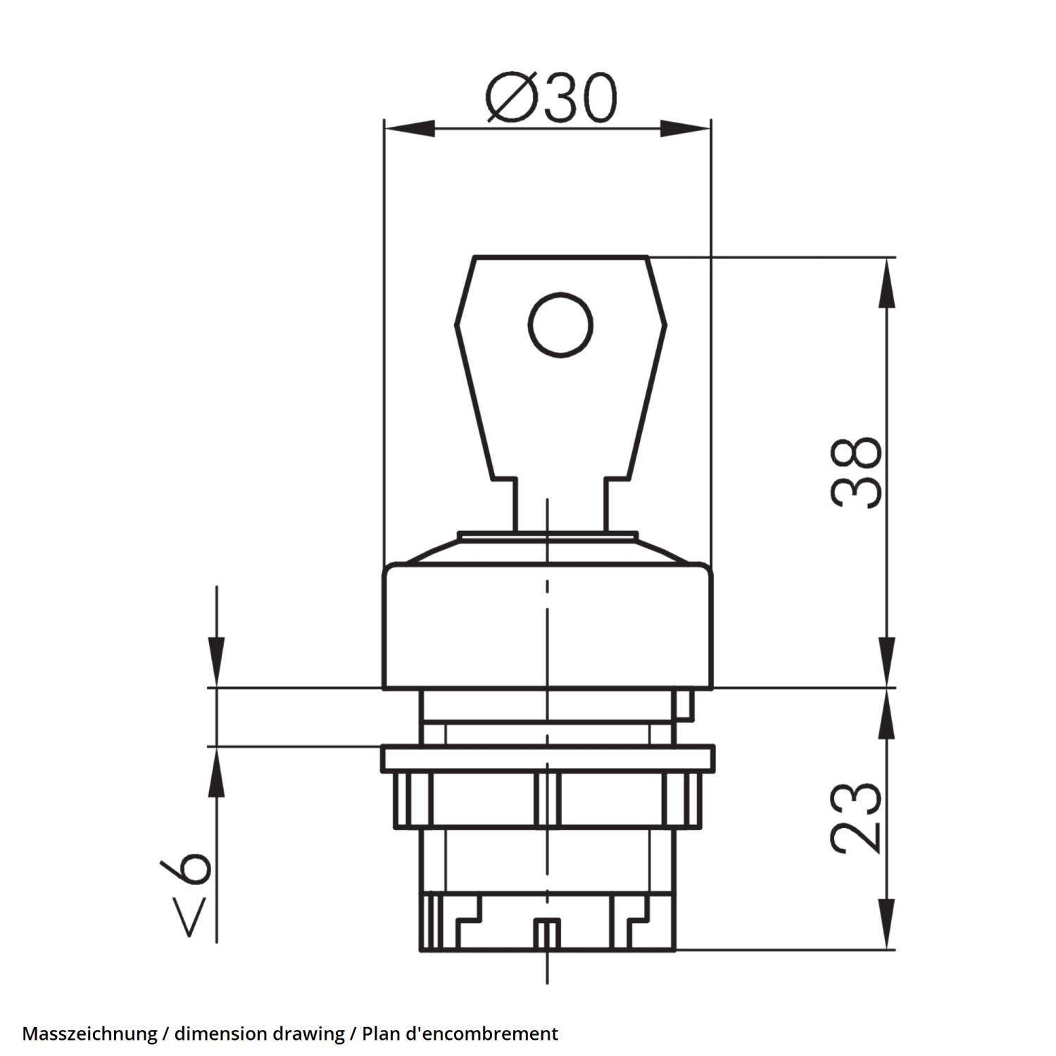 Technische Zeichnung einer Komponente mit Abmessungen: 30 mm Durchmesser, 38 mm Höhe und 23 mm Tiefe. Enthält Ansichten von oben und der Seite.