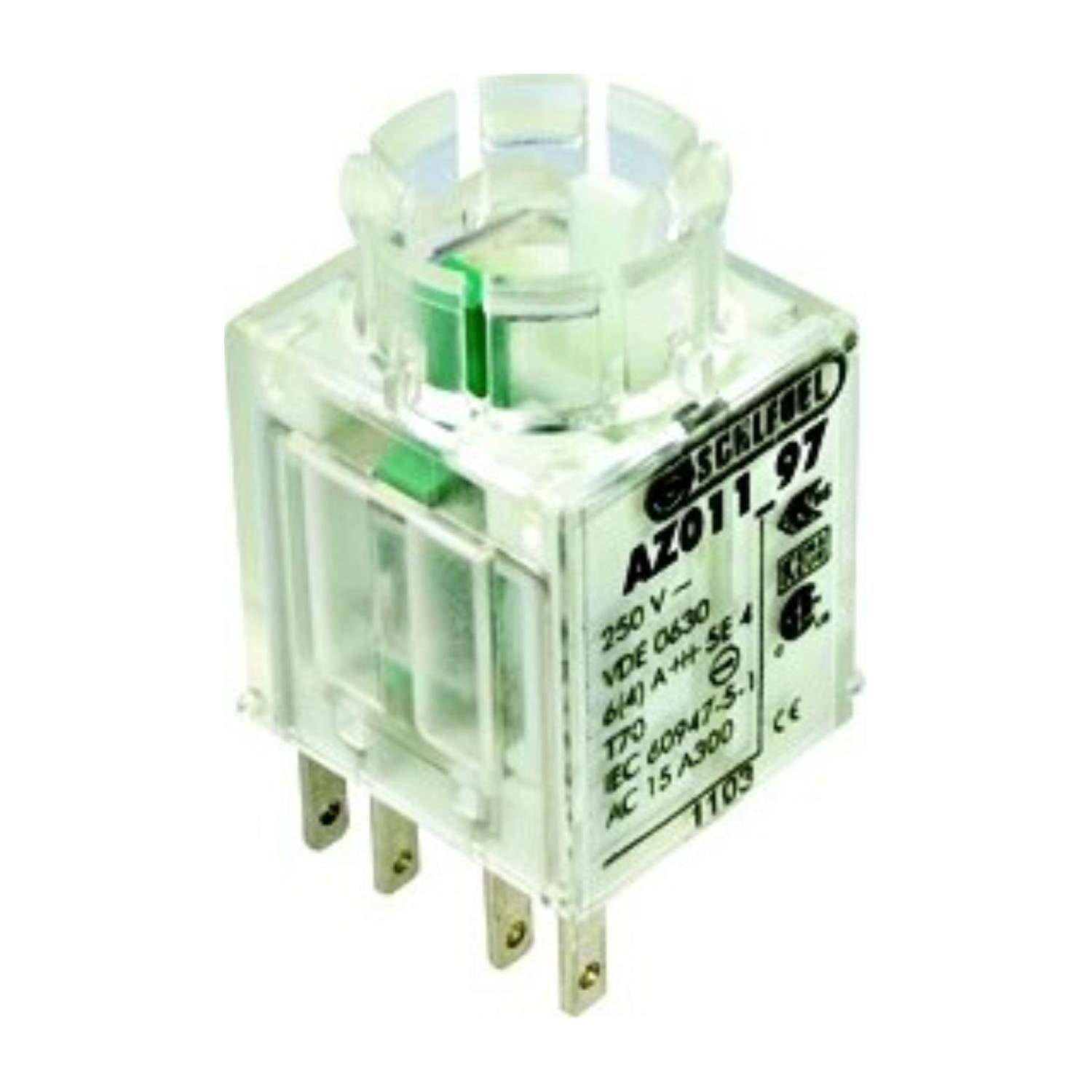 Eine transparente elektrische Relais mit metallischen Anschlüssen, beschriftet mit Spezifikationen einschließlich 250V, 7A und Herstellerangaben.