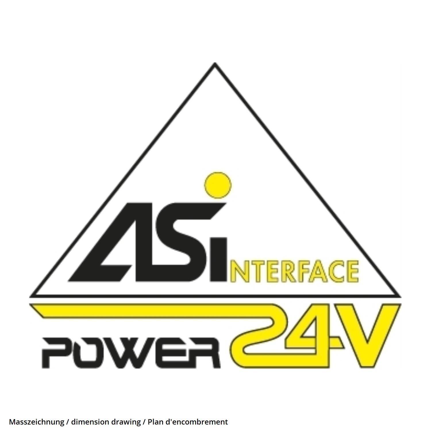 AS-Interface Power 24V' Logo mit einem gelben Dreieck und fetter schwarzer Schrift.