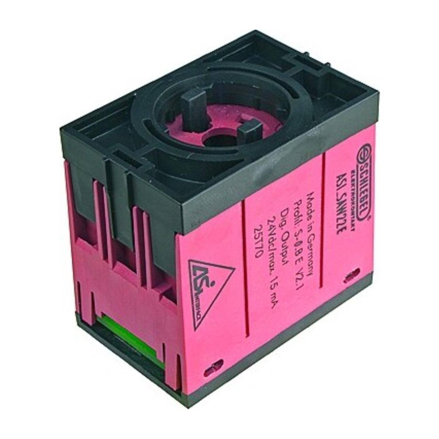 Eine rosa industrielle elektrische Komponente mit der Bezeichnung 'Schmersal AS1-SWZ16', die Schlitze und zylindrische Öffnungen an der Oberseite aufweist.