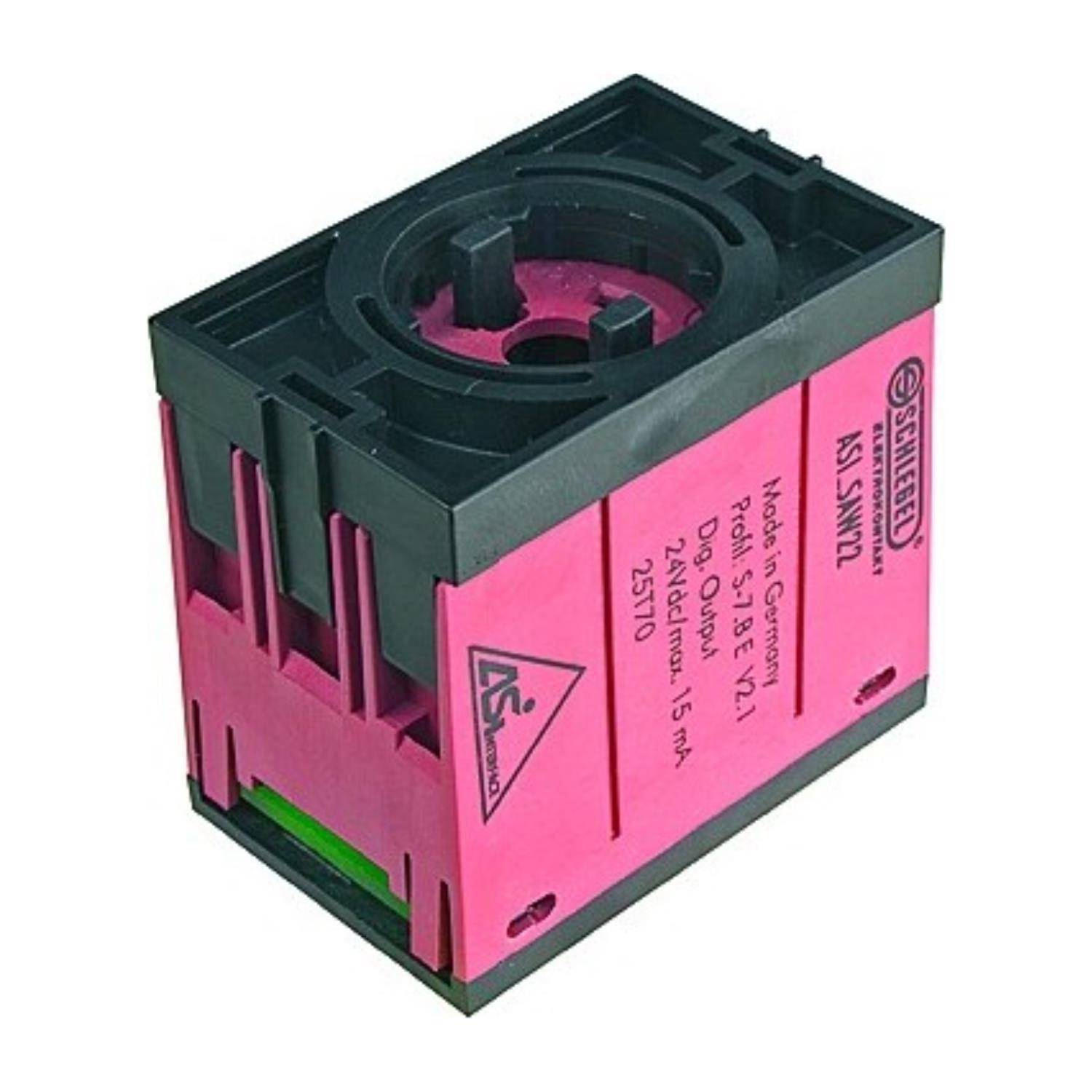 Eine rosa Siemens Elektronikkomponente mit schwarzen Akzenten, beschriftet mit Modell- und Spannungsdetails, die für industrielle Automatisierungszwecke verwendet wird.