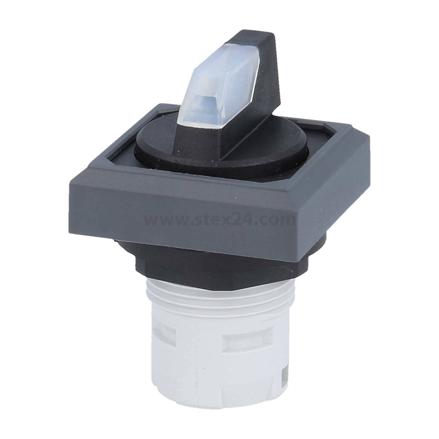 Ein schwarzer und grauer Kippschalter mit weißer Basis, diagonal vor einem einfarbigen Hintergrund positioniert.