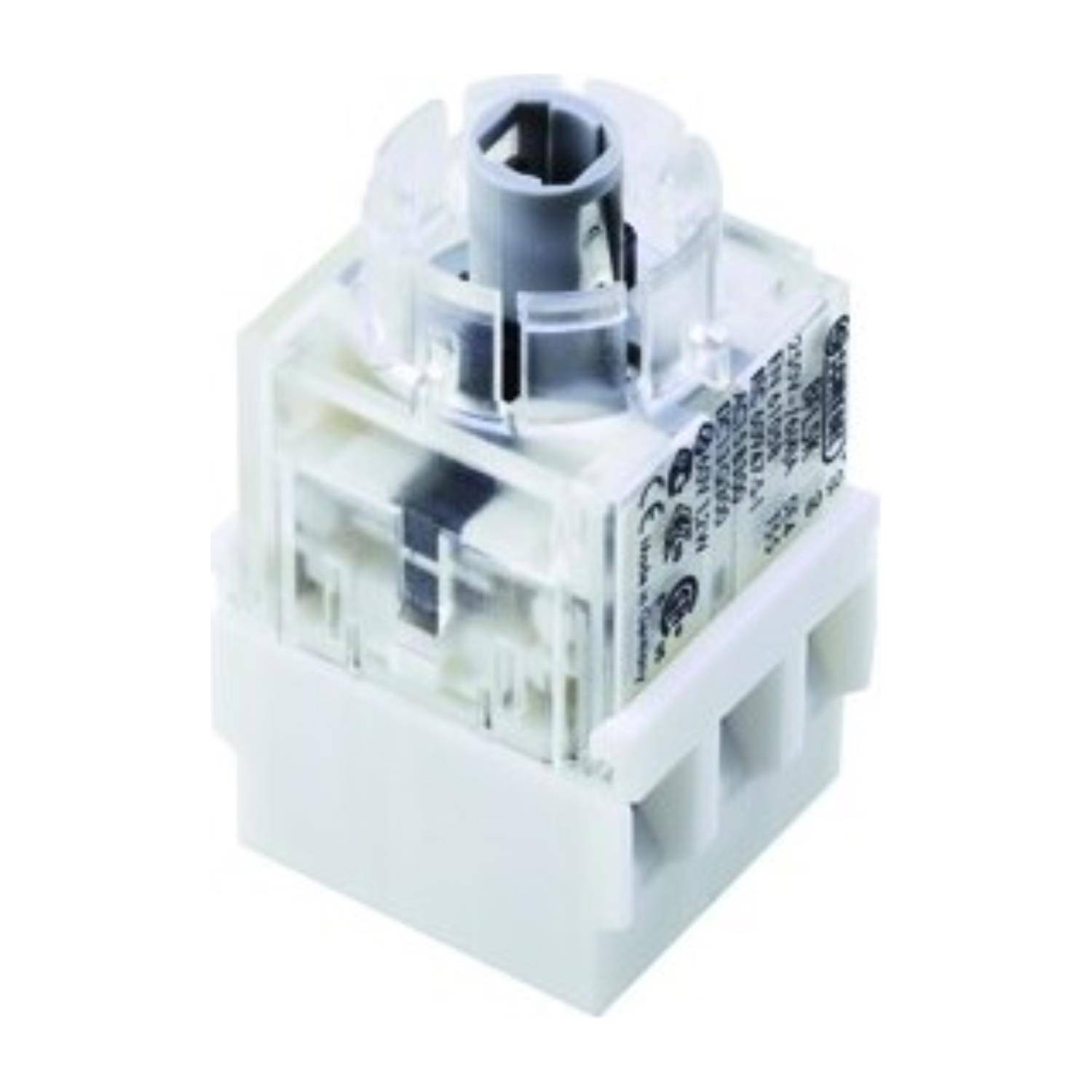 Eine weiße und transluzente elektrische Schaltkomponente mit sichtbaren Verdrahtungsschlitzen und Text an der Seite, die in Steuerungssystemen verwendet wird.