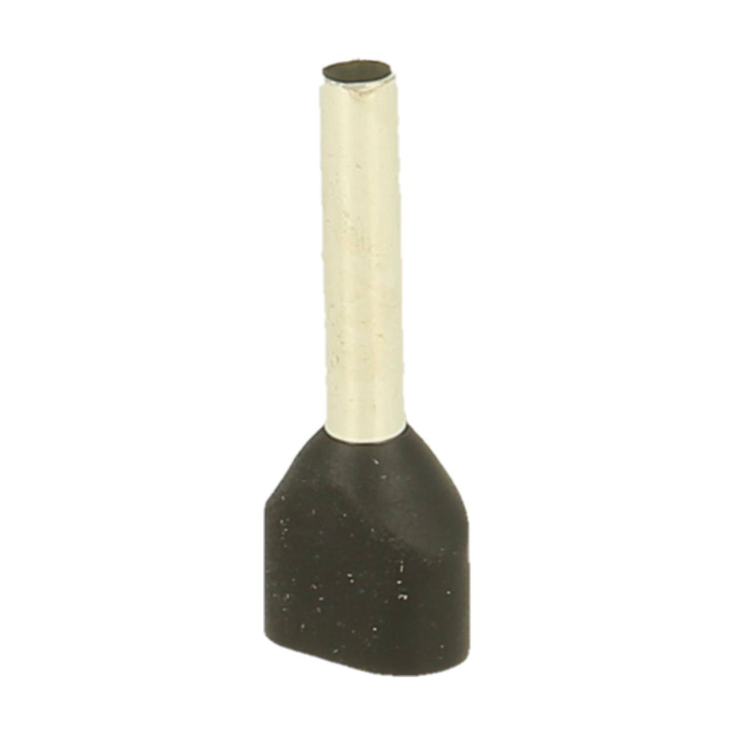 Ein Foto einer schwarzen, isolierten Ferrule aus Kunststoff. Sie hat eine zylindrische Metallhülse an der Oberseite zum Crimpen von Drähten und steht aufrecht.