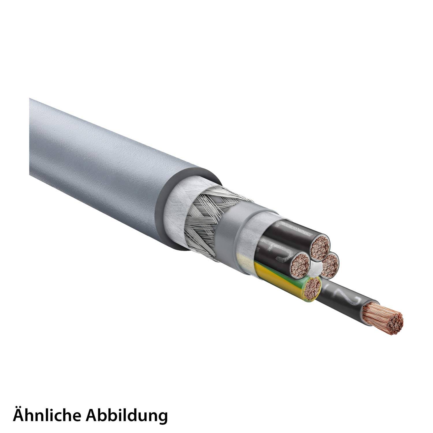 Querschnitt eines elektrischen Kabels, der mehrere isolierte Kupferdrähte zeigt, die von Isolierschichten und einer Schutzummantelung umgeben sind.