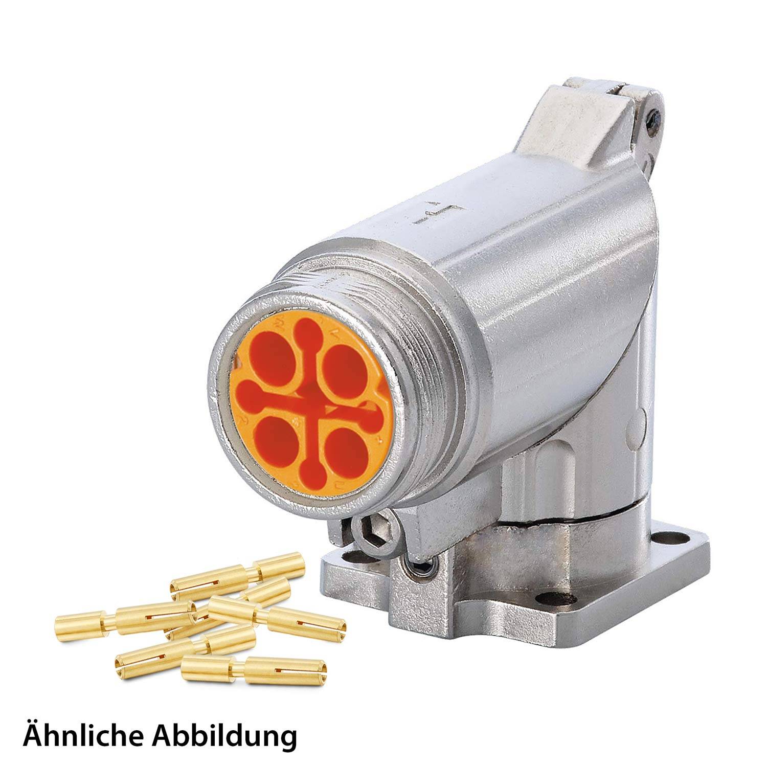 Silberner Metallkonnektor mit vier roten kreisförmigen Schlitzen auf der Vorderseite, auf einer Basis platziert. Mehrere goldene Stifte befinden sich in der Nähe.