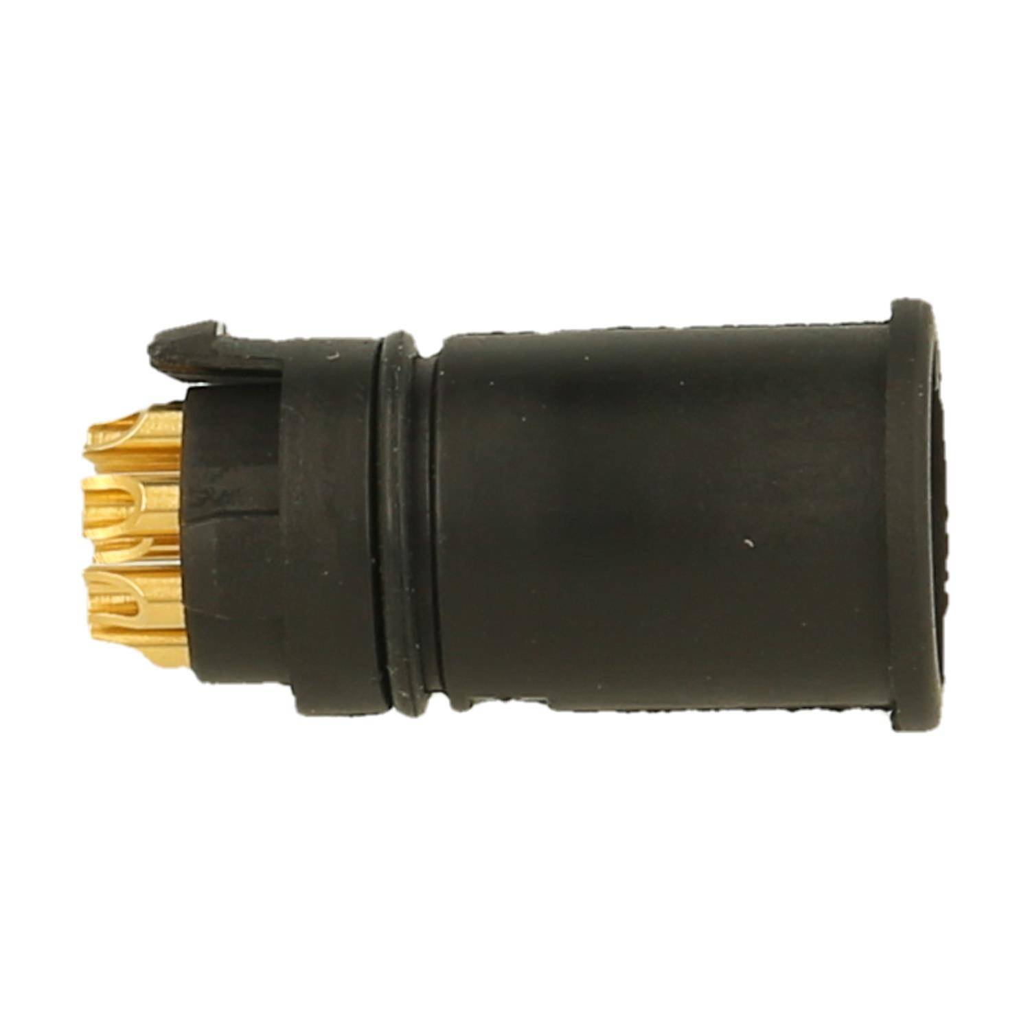 Ein schwarzer und goldener elektrischer Steckverbinder mit mehreren Pins, der zum Verbinden von Kabeln in elektronischen Geräten verwendet wird.