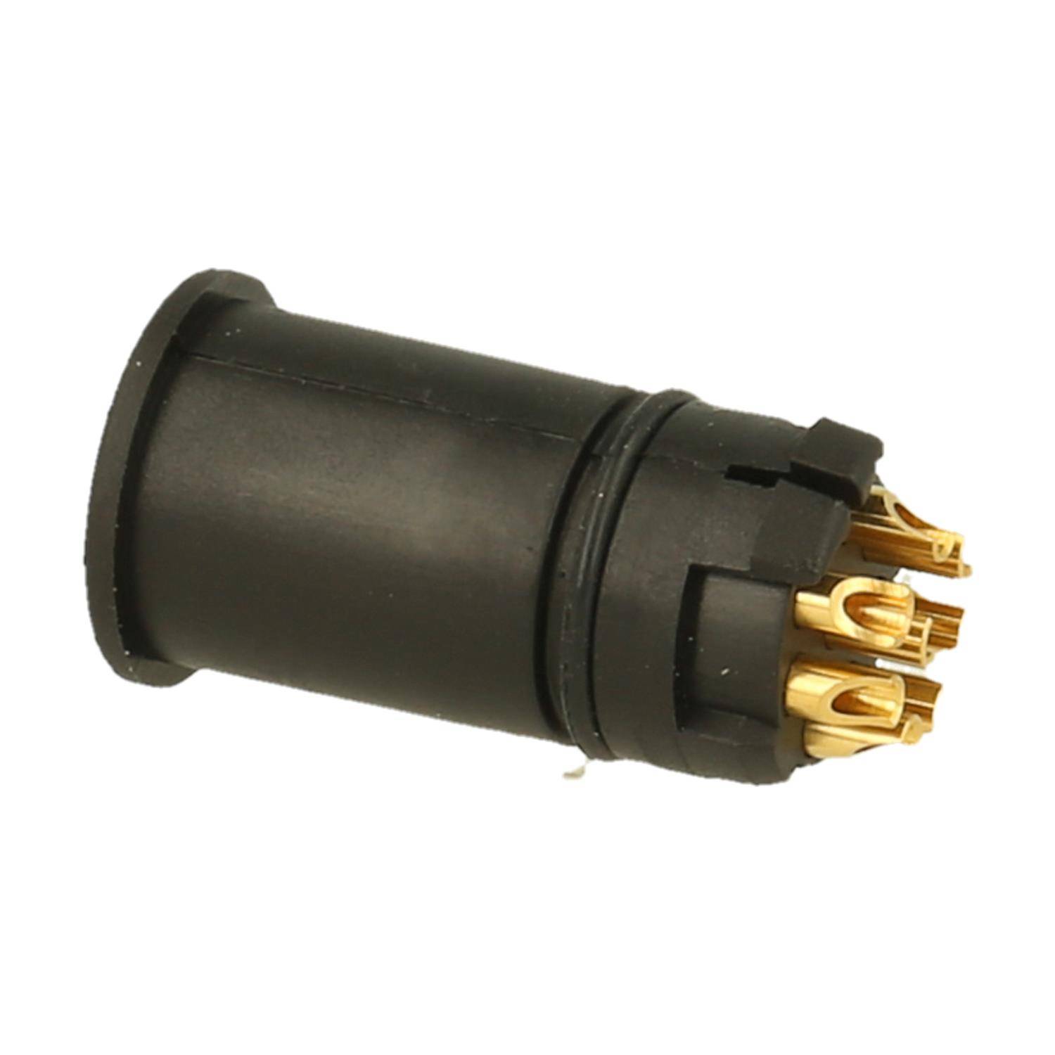 Ein schwarzer, zylindrischer Anhängeradapter mit 7 bis 13 Kontaktstiften und goldfarben beschichteten Kontakten, der zum Anschluss eines Anhängers an das elektrische System eines Fahrzeugs verwendet wird.