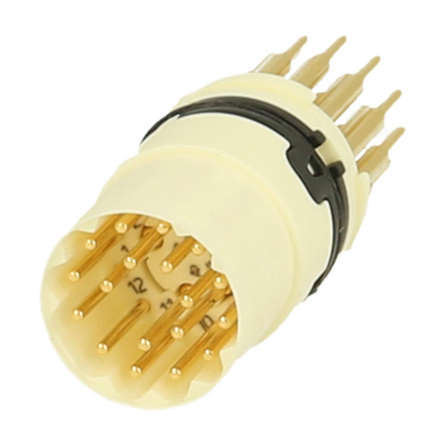 Ein beige, zylindrischer elektronischer Anschluss mit mehreren Goldstiften, wahrscheinlich für sichere elektrische Verbindungen in Geräten verwendet.