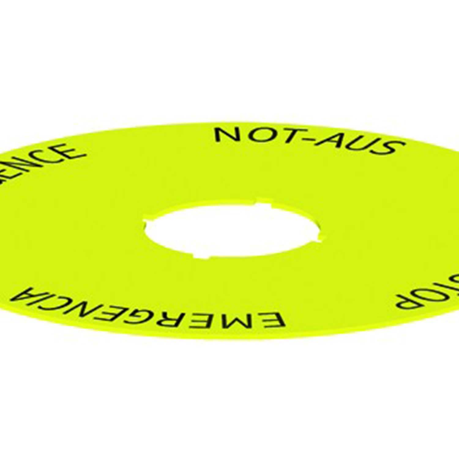 Ein kreisförmiger gelber Notaus-Schalteraufkleber mit 'EMERGENCY STOP' und 'NOT-AUS' in fetten schwarzen Buchstaben um das zentrale Loch herum.