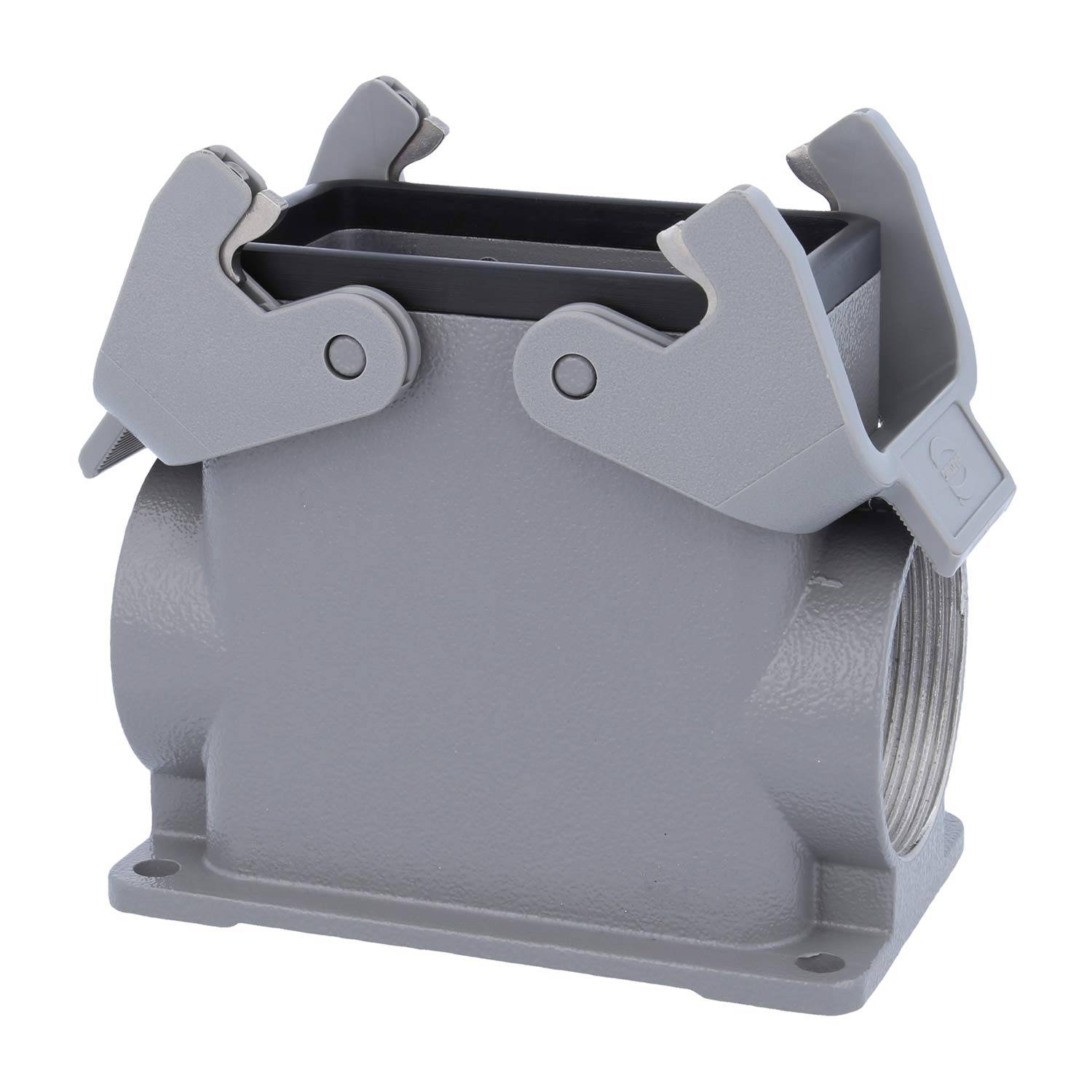 Ein graues, industrietaugliches Anschlussgehäuse mit zwei scharnierten Metallverriegelungen oben zum Sichern eines Schutzdeckels.