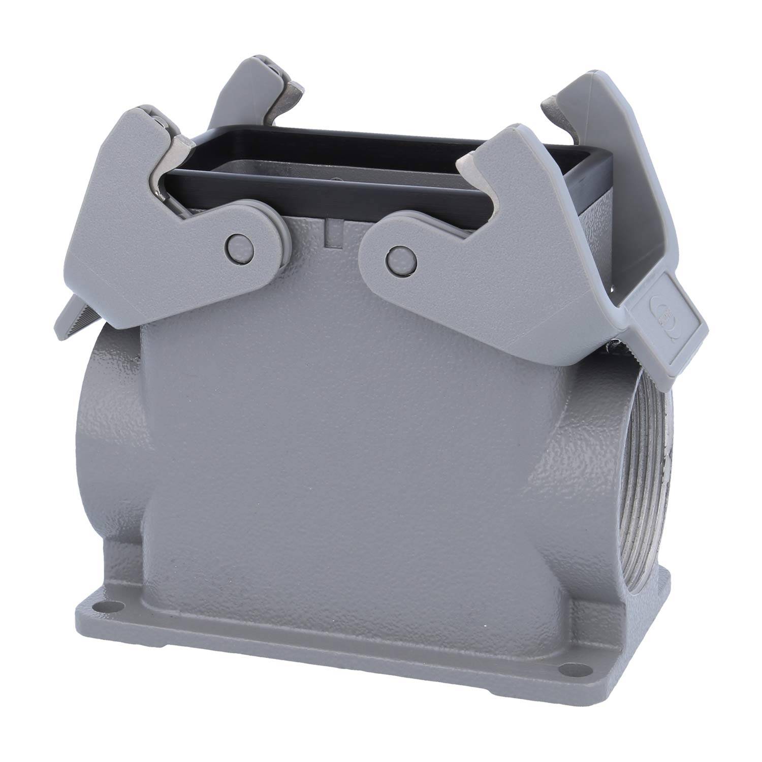 Ein rechteckiges graues industrielles Anschlussgehäuse mit Verriegelungsmechanismen oben zur sicheren Schließung.