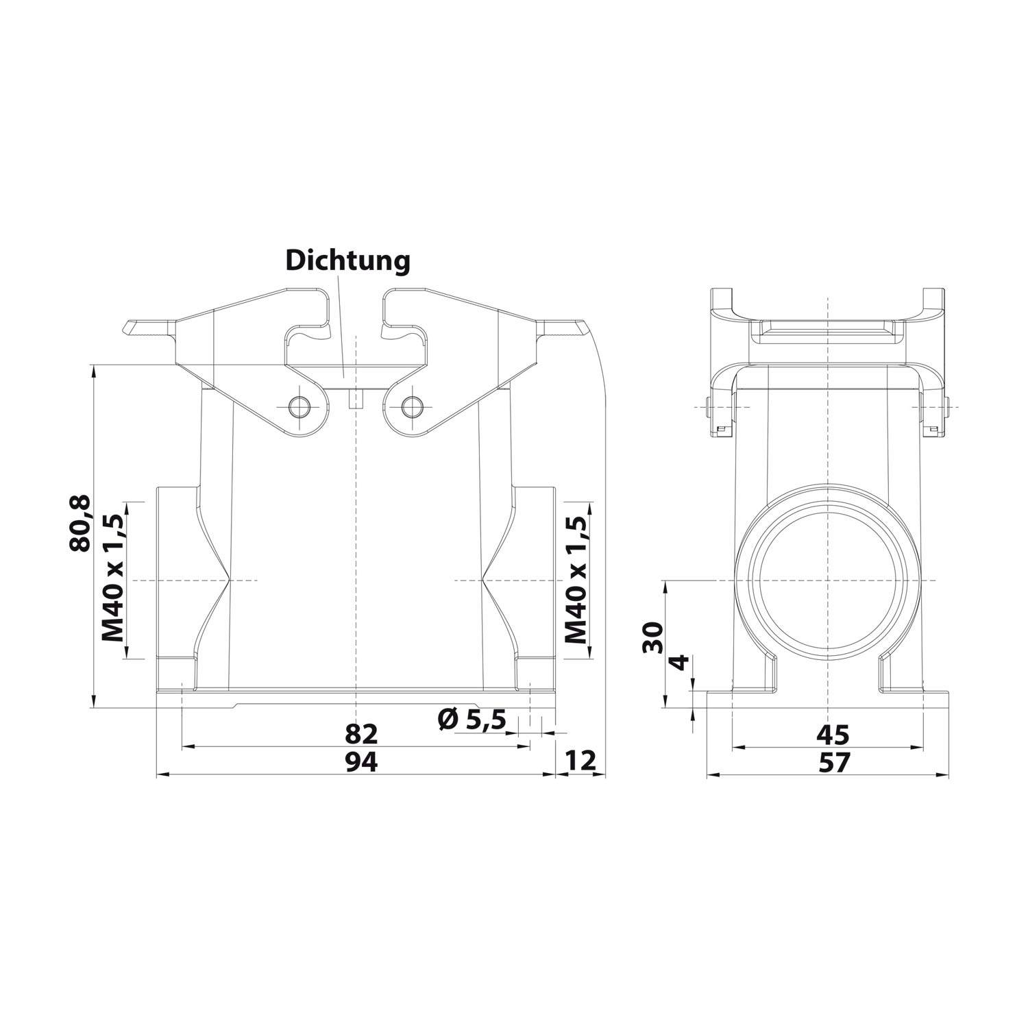 05300100274 HARTING Han 10B Sockelgehäuse hoch, 2xM40 seitlicher Kabelabgang, mit 2 Querbügeln Verschraubung M40