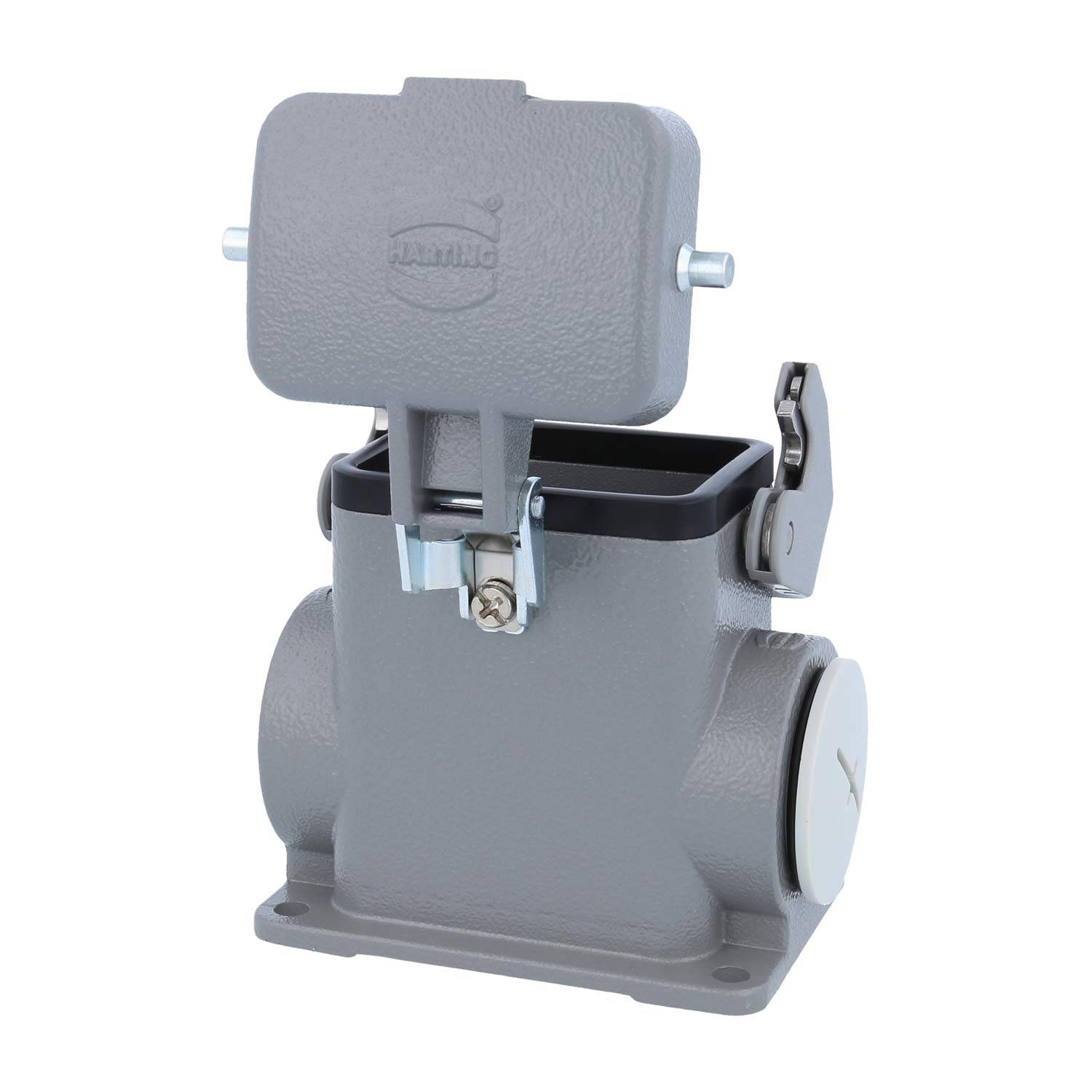 Ein graues elektrisches Anschlussgehäuse mit einem scharnierten Deckel, der teilweise geöffnet ist und eine rechteckige Aussparung zeigt, für den industriellen Einsatz konzipiert.