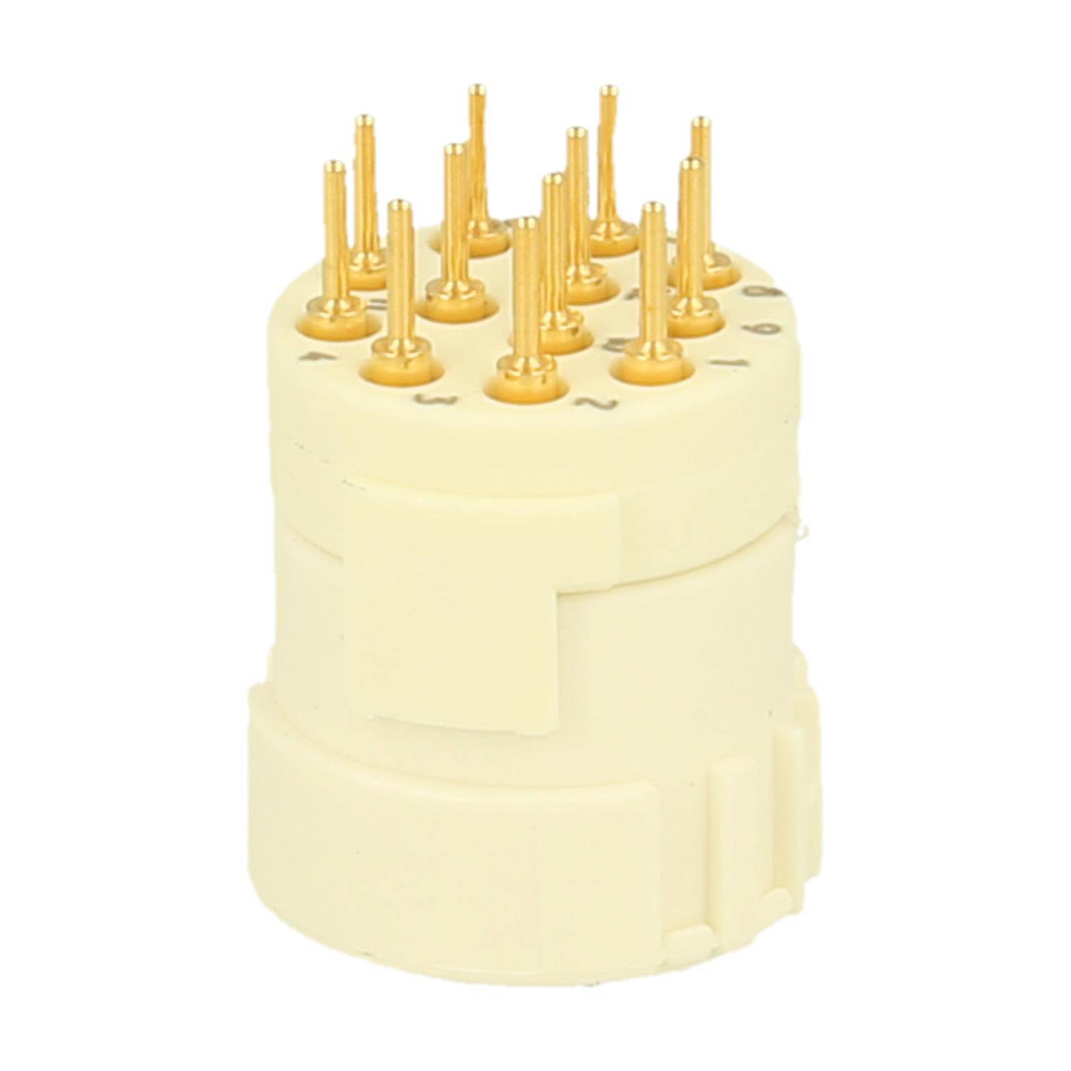 Eine weiße und goldene elektronische Komponente mit mehreren goldenen Pins, die oben in einer kreisförmigen Anordnung herausragen.