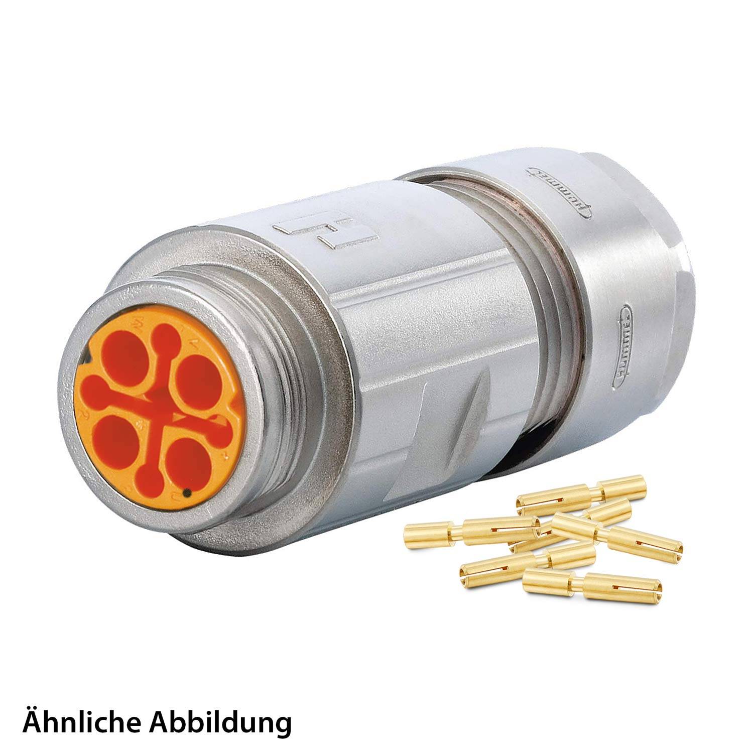 Silberner zylindrischer elektrischer Anschluss mit einer orange-schwarzen Schnittstelle, dargestellt neben mehreren kleinen goldenen Anschlussbolzen.