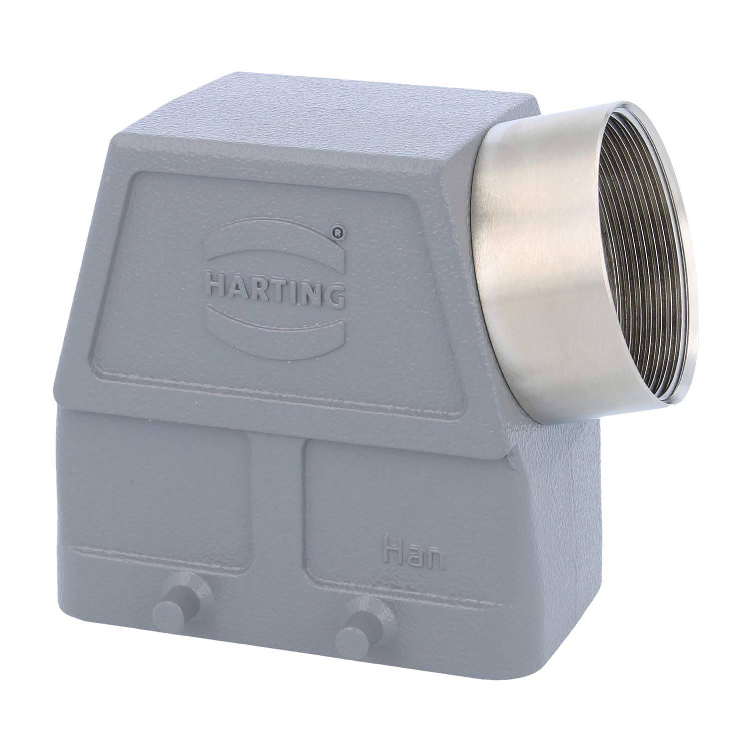 Rechteckiges elektrisches Anschlussgehäuse der Marke 'Harting' mit metallischer Gewindeoberseite, konzipiert für industrielle Anwendungen.