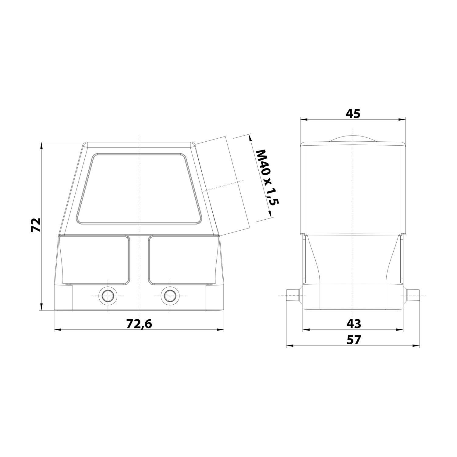 Technische Zeichnung eines Geräts mit Abmessungen: Höhe 72, Breite 72,6, Tiefe 45. Seitenansichten zeigen Anschlüsse und ein mit 'M40x1,5' beschriftetes Teil.