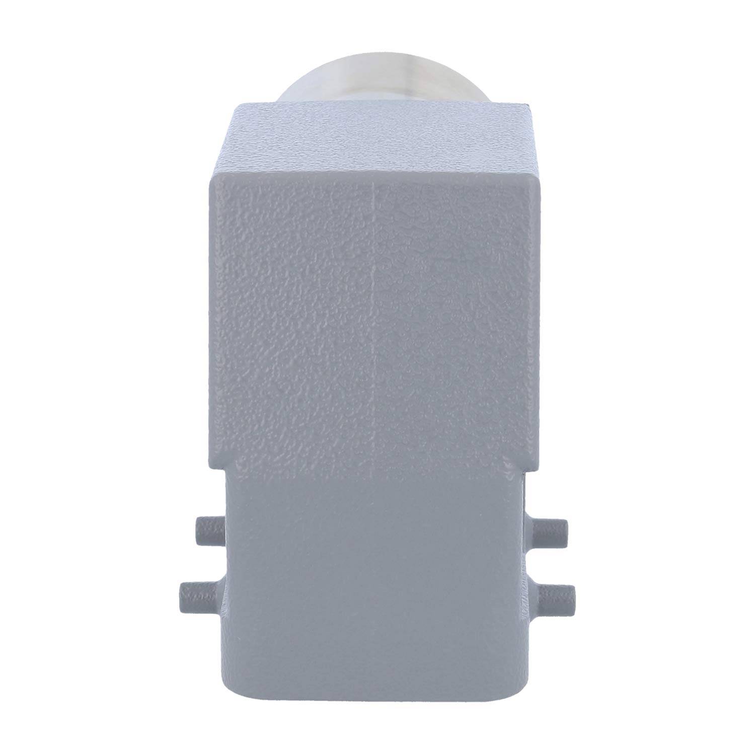 Ein grauer, rechteckiger Metallgegenstand mit zwei Einbuchtungen an jeder Seite, vertikal vor einem weißen Hintergrund positioniert.