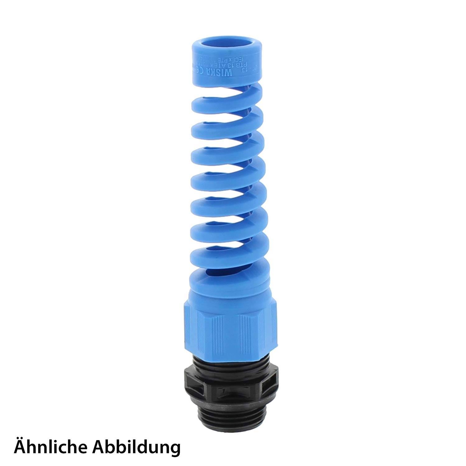 Ein blauer Spiralventil-Aufsatz mit einem schwarzen Anschluss, der üblicherweise zur Druckregulierung in Rohrleitungssystemen verwendet wird.