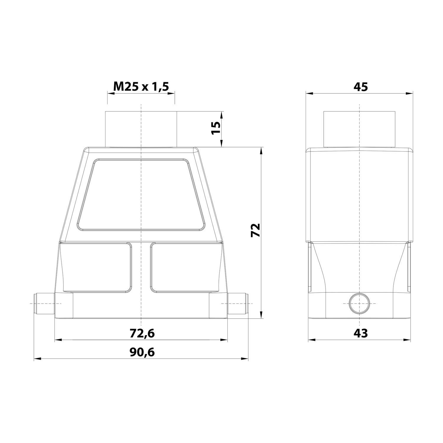 05300100467 HARTING Han 10B Tüllengehäuse hoch, 1xM25 gerader Kabelabgang, für 1 Bügel (am Unterteil) Verschraubung M25