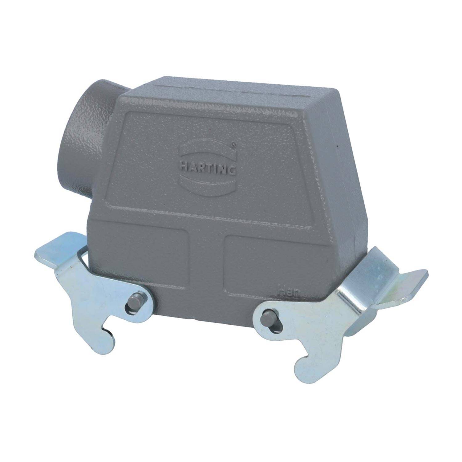 Ein graues elektrisches Anschlussgehäuse mit HARTING-Logo, versehen mit zwei metallischen Verriegelungshebeln an jeder Seite.