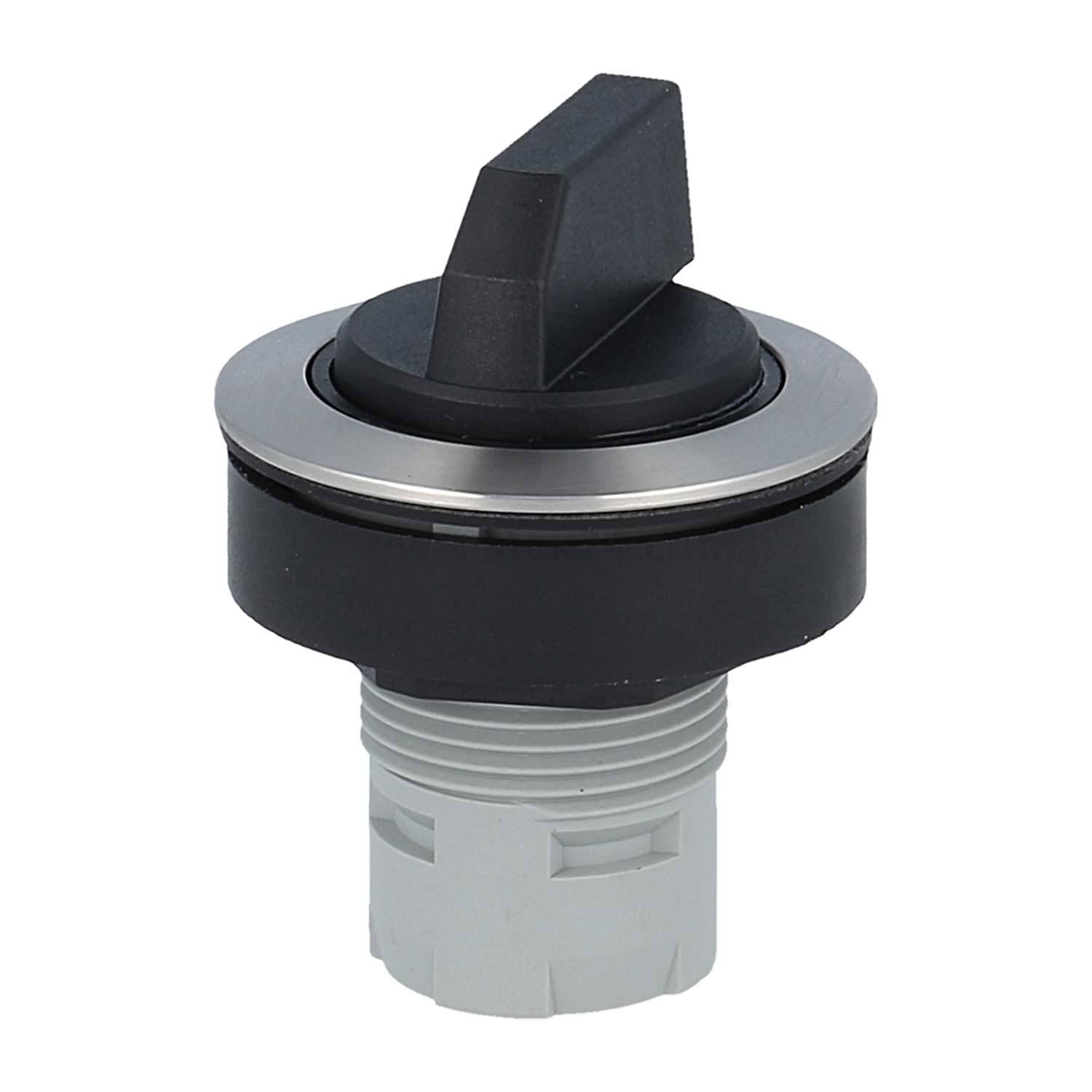 Ein schwarzer Kippschalter mit einem vertikalen Hebel, montiert auf einer silbernen Kreisbasis und einem weißen, gewindelten Gehäuse zur Paneelbefestigung.