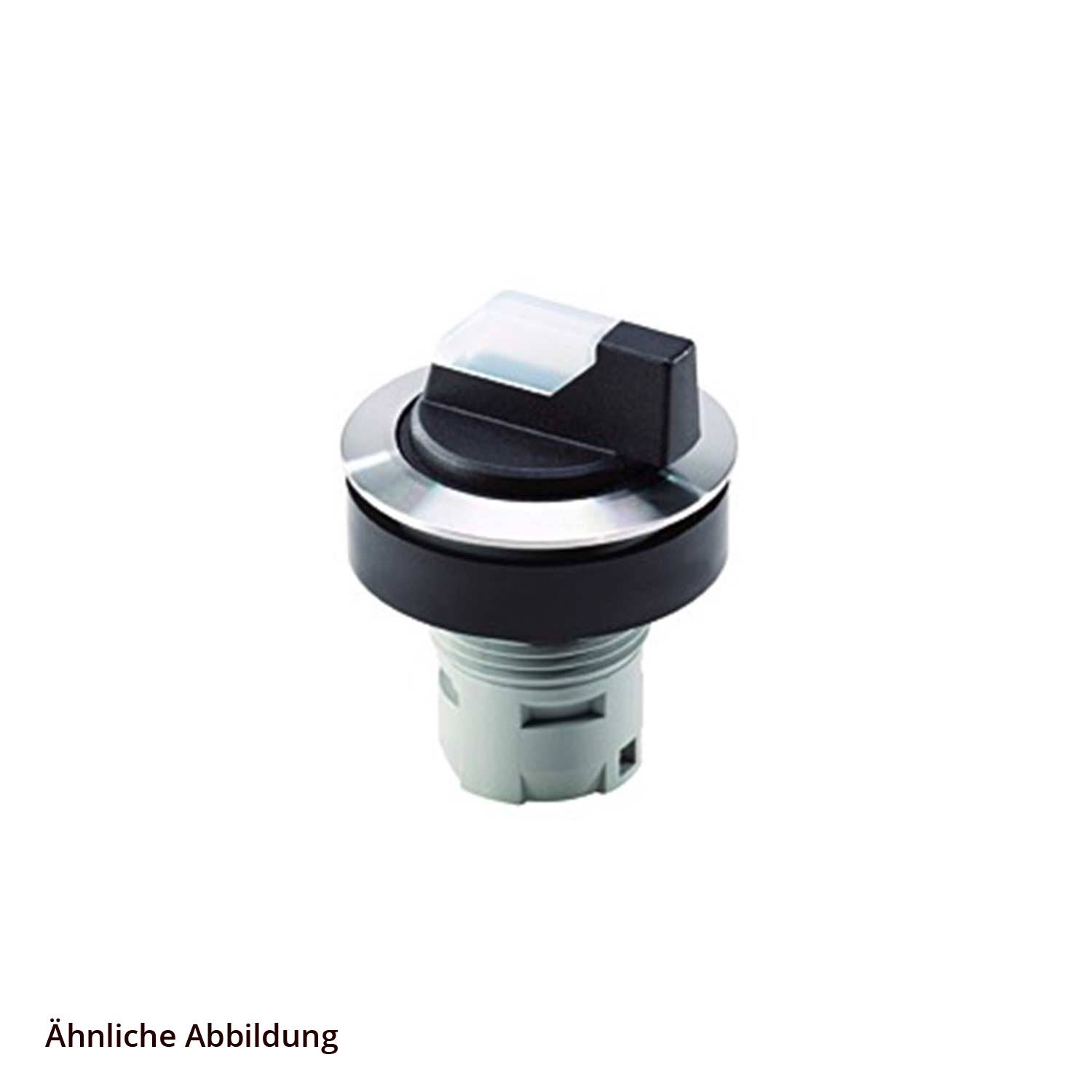 Drucktaster mit einem schwarzen rechteckigen Oberteil und silberner kreisförmiger Basis, der in elektronischen Geräten zur manuellen Aktivierung verwendet wird.