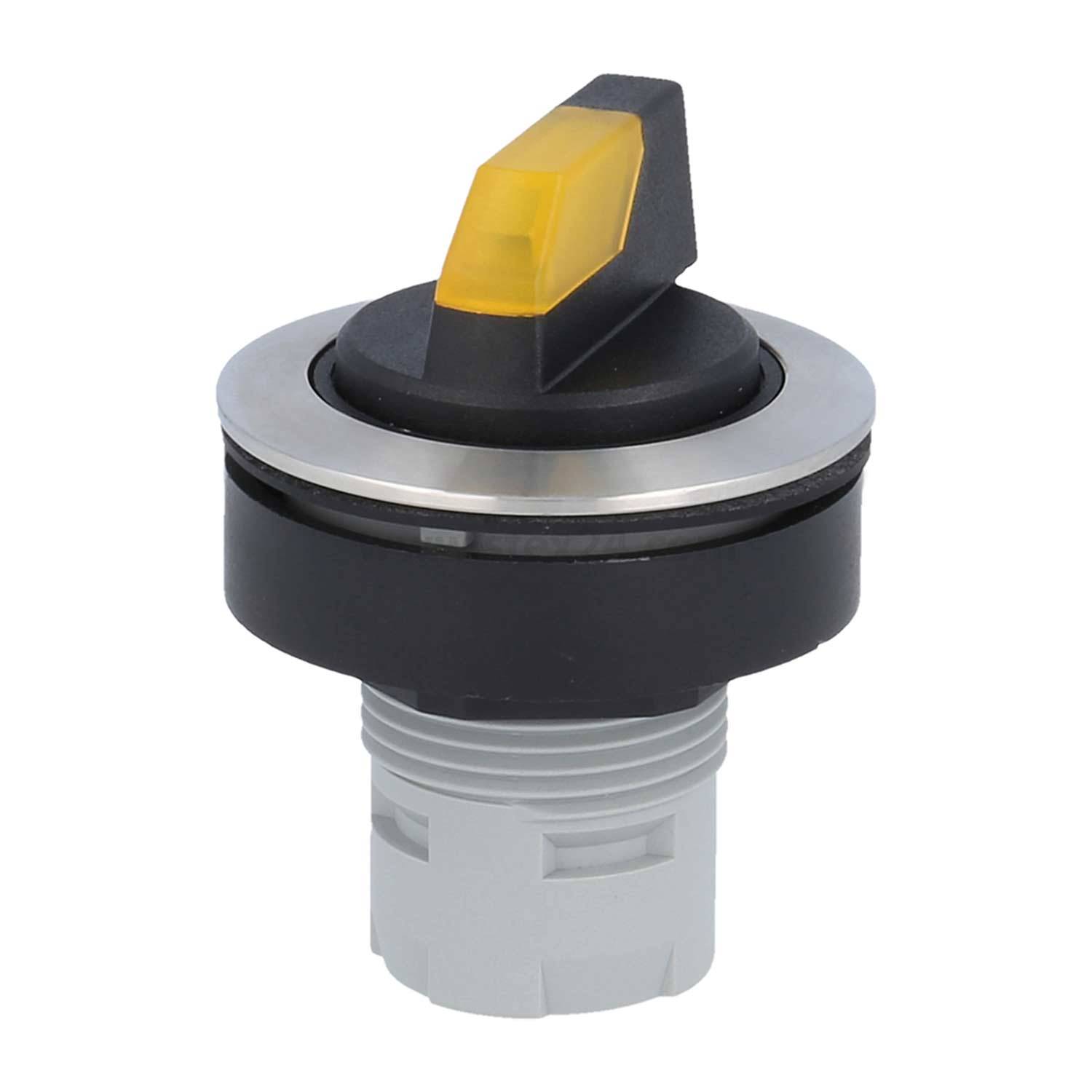 Ein schwarz-gelber Wahlschalter mit rundem Metallrahmen und grauem Kunststoffsockel, der wahrscheinlich in industriellen Steuerungspanels verwendet wird.