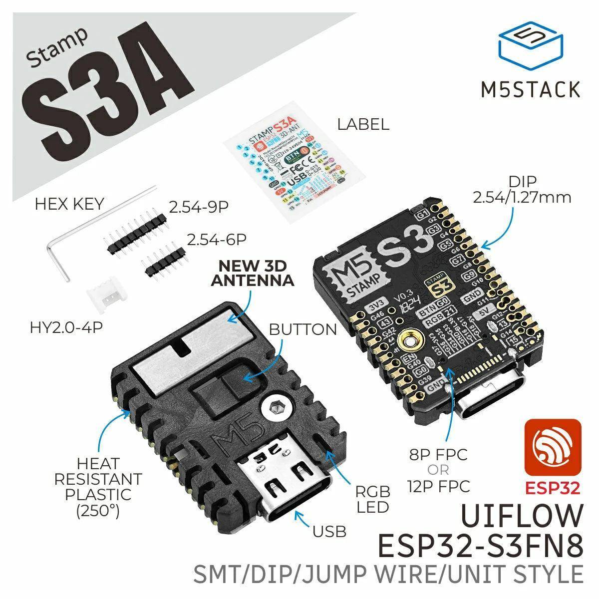 M5Stack Stamp-S3A ESP32-S3FN8 Modul, Wi-Fi, 240MHz, 8MB Flash, 23 GPIO, UART, SPI, I2C, PWM, 5V