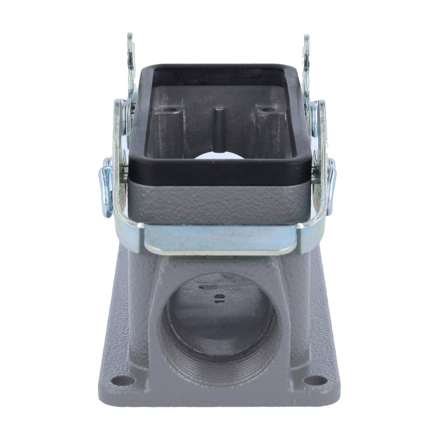 Ein metallischer rechteckiger industrieller Anschlussblock mit vier Befestigungslöchern und einem kreisförmigen Anschlussport darunter für Kabelverbindungen.