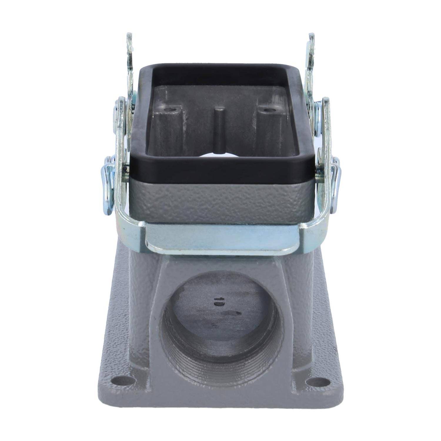 Elektrischer Anschlussblock mit metallischen Klammern, rechteckiger Öffnung oben und kreisförmigem Leitungseintritt unten. Geeignet für industrielle Anwendungen.