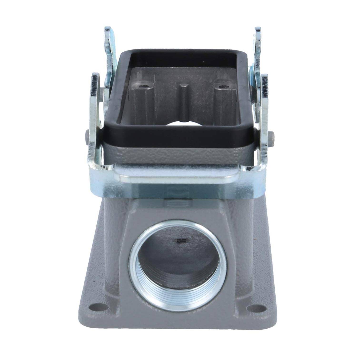 Eine Metallkomponente mit einer rechteckigen Öffnung oben und einem gewindeten Kreisloch an der Vorderseite, die für industrielle elektrische Verbindungen verwendet wird.