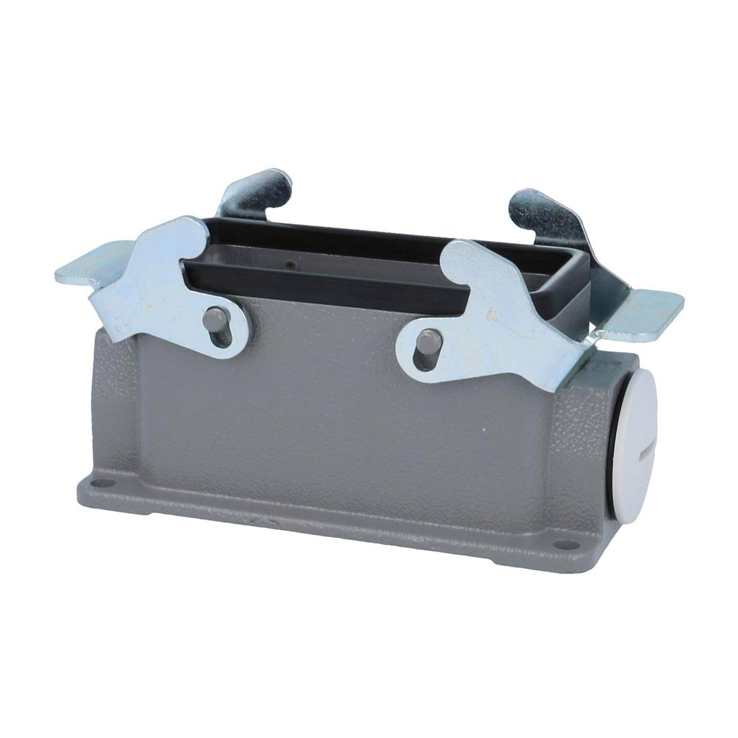 Ein grau-metallfarbenes elektrisches Anschlussgehäuse mit zwei metallischen Hebelverriegelungen oben zum Sichern von Verbindungen.