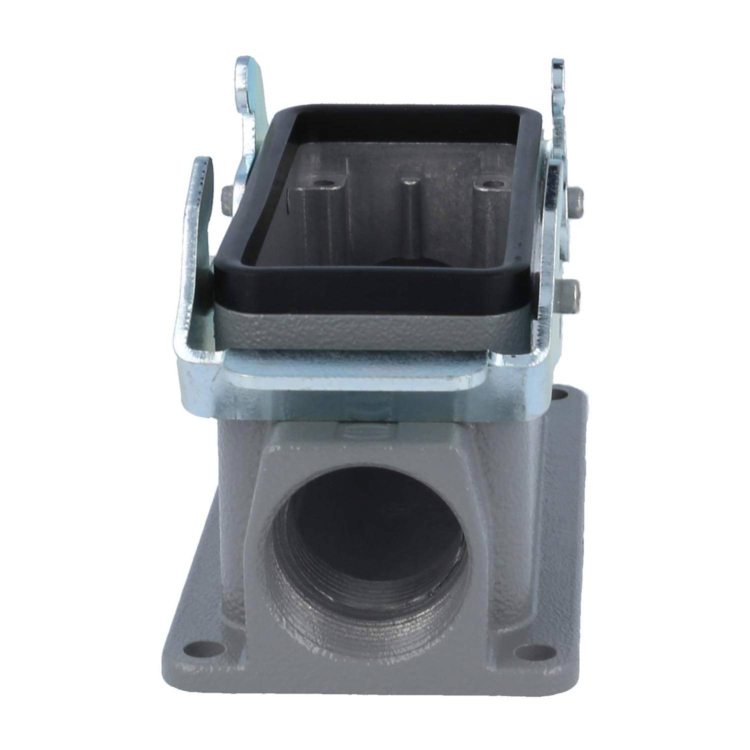 Eine rechteckige Metallsteckdose oder Verbindung mit grauer Basis und offener Gehäusekonstruktion für Verkabelung, geeignet für industrielle Anwendungen.